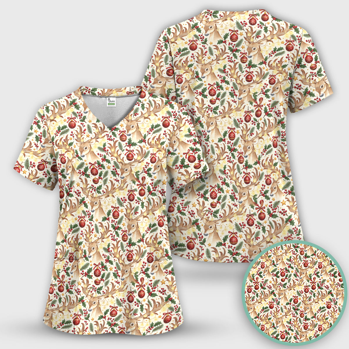 Christmas Reindeer And Holly Scrub Set, Scrub Pants and V Neck Top