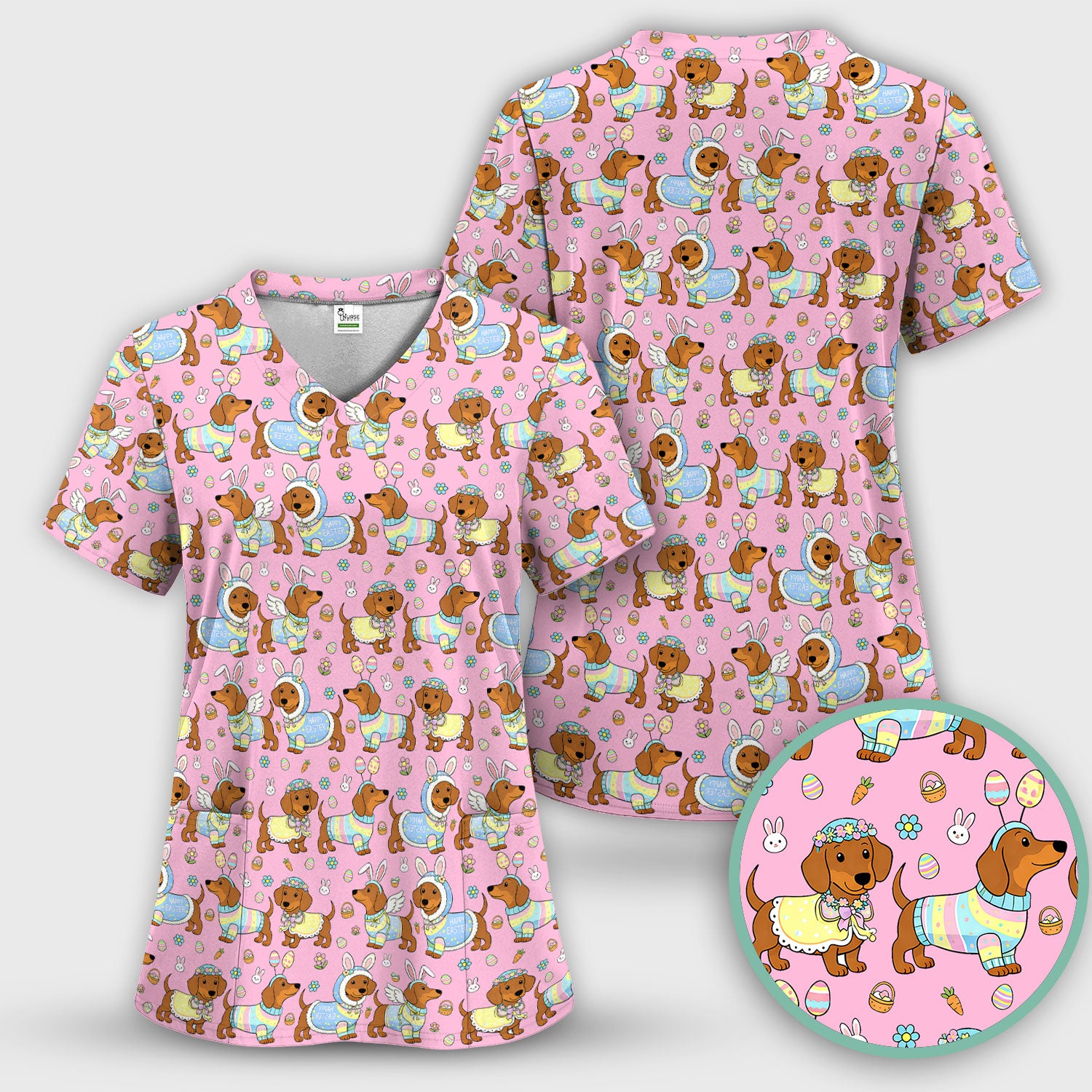 Easter Dachshund Bunny Print Scrub Top, Breathable Fabrics Nursing Uniform