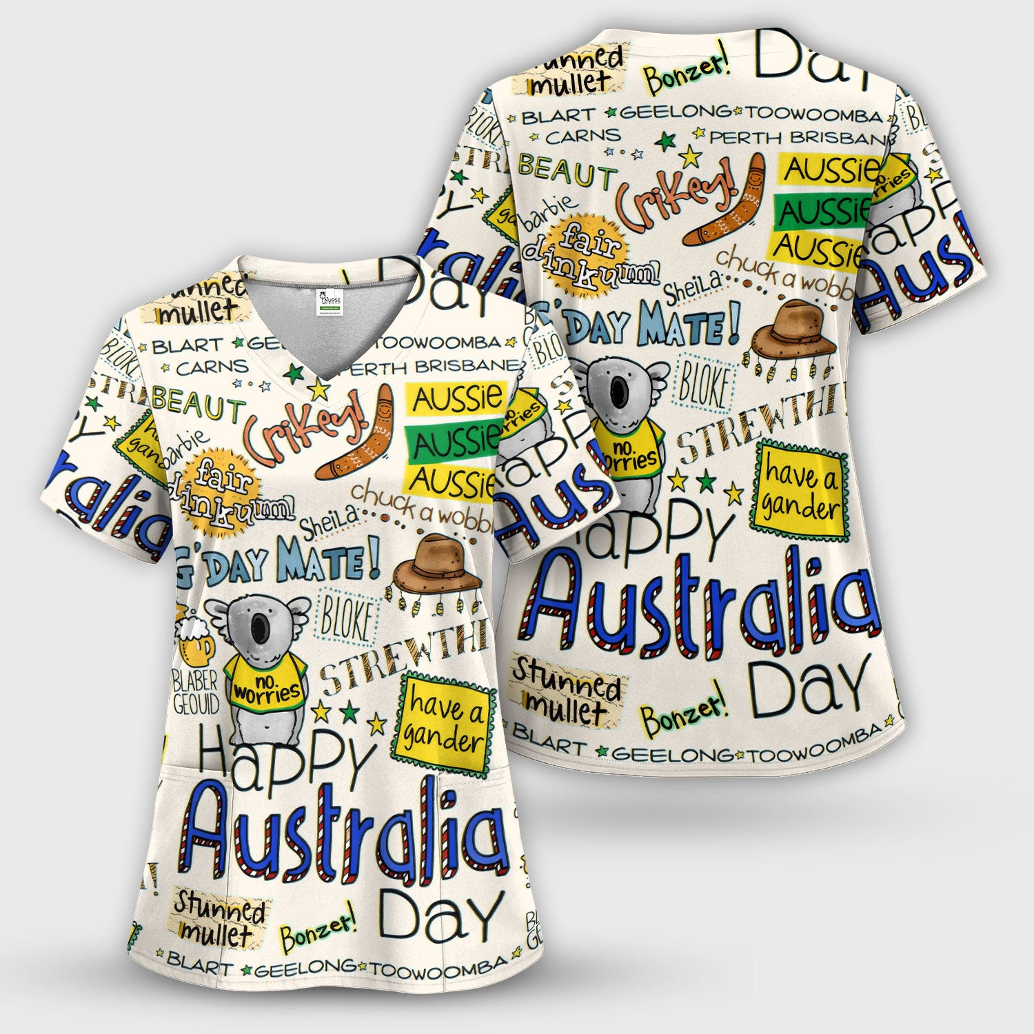Cute Cartoon Koala Australia Pattern Scrub Top, Breathable Fabrics Nursing Uniform