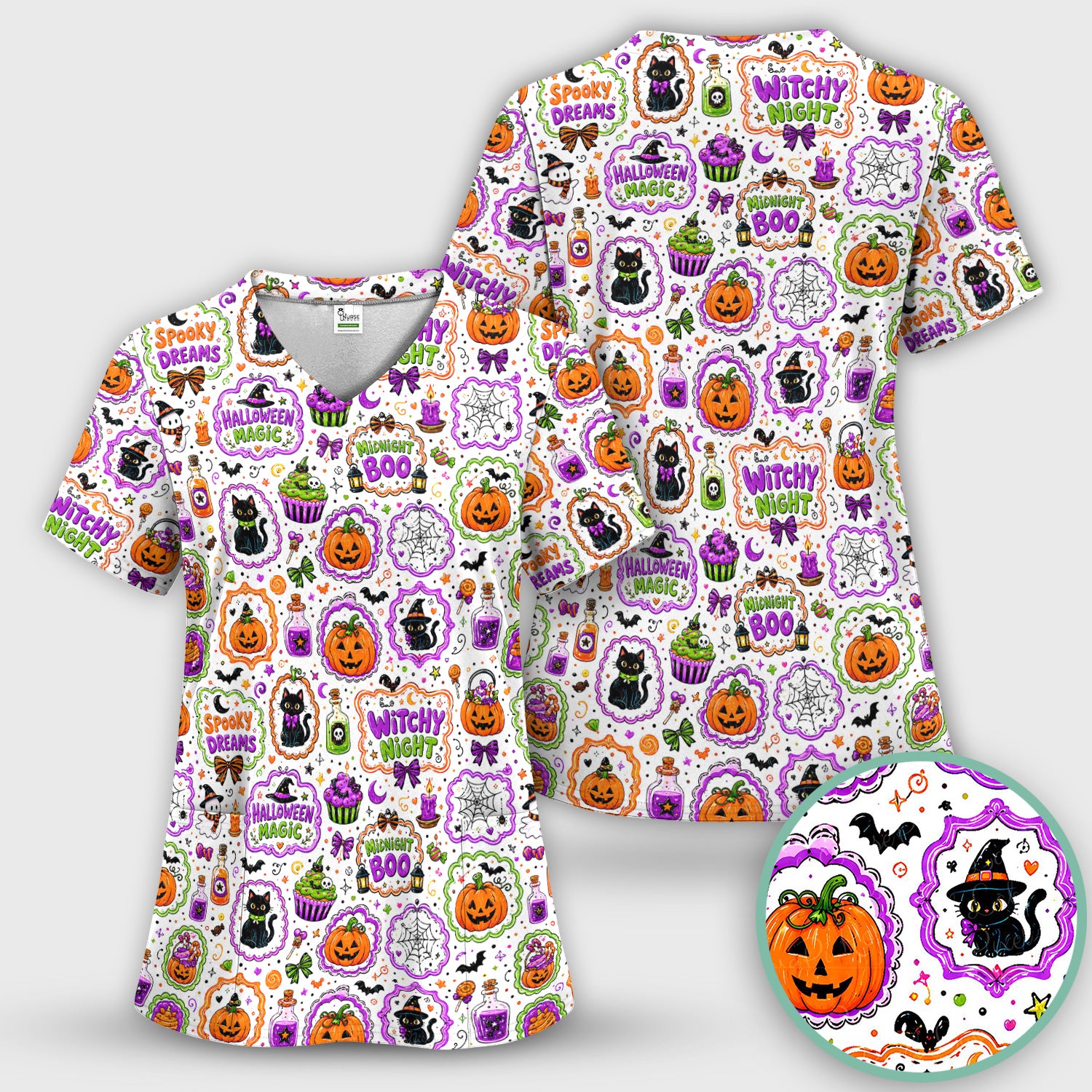 Witchy Halloween Magic And Pumpkins Scrub Top, Comfortable Scrubs for Nurses