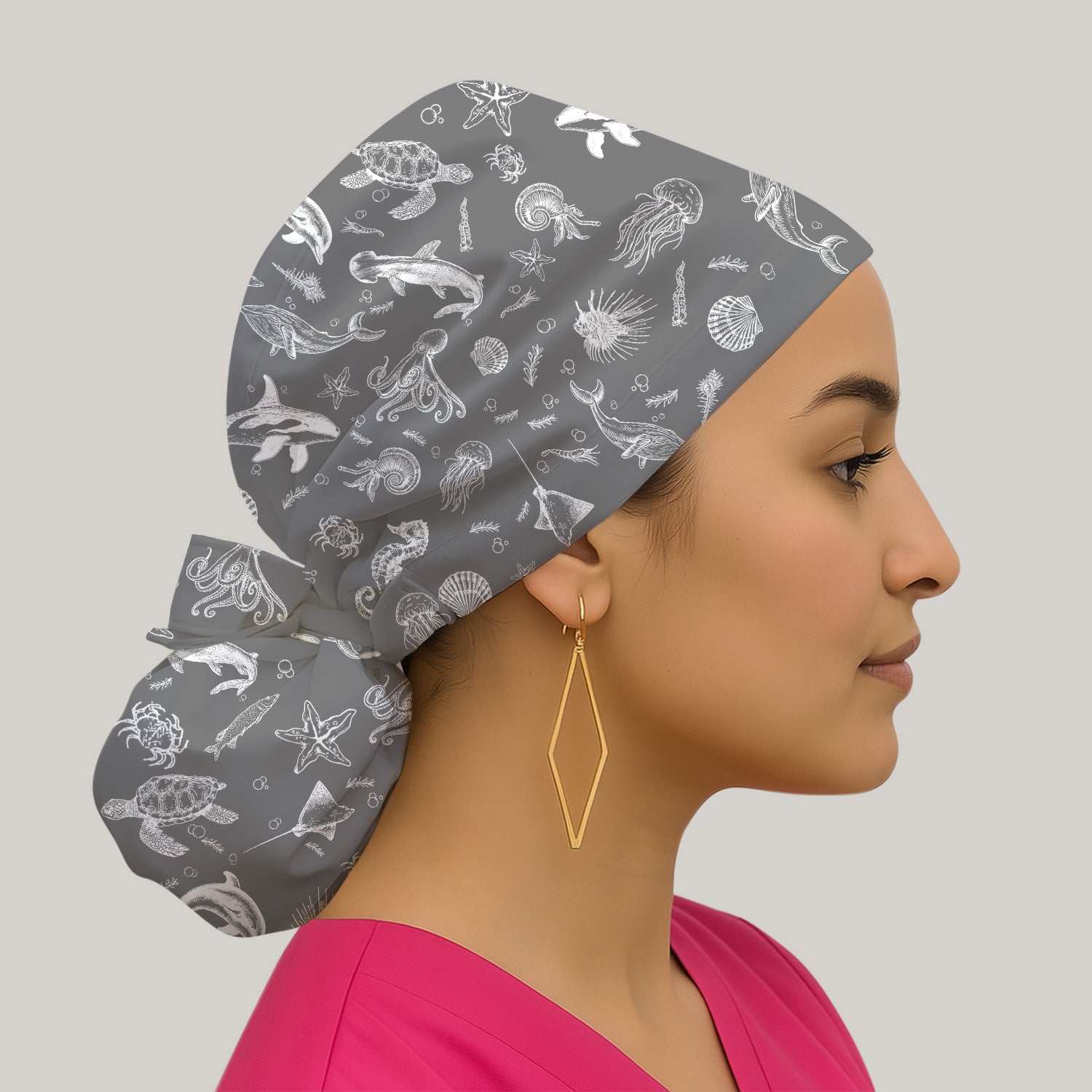 Marine Sea Life Pattern Cap, Bouffant Scrub Caps for Women