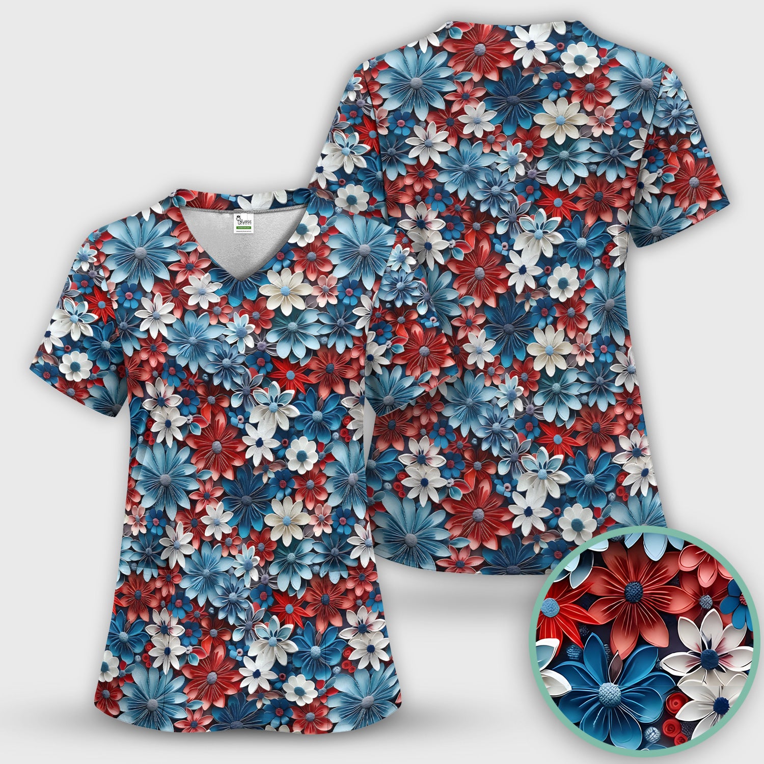 Patriotic 3D Floral Nurse for RN & CNA, Red Blue White Healthcare Workers Uniform Scrub Set, Scrub Pants and V Neck Top