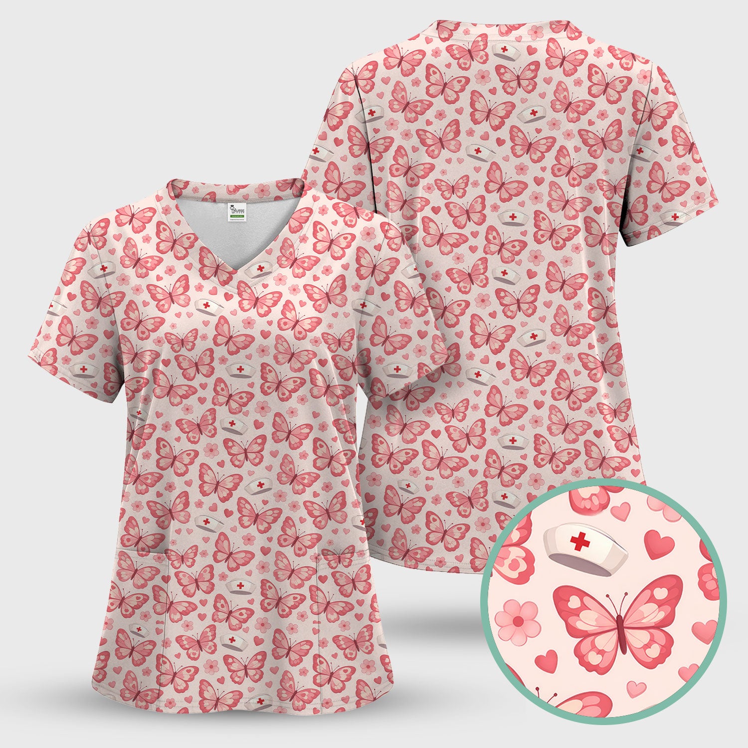 Valentine Butterfly Pattern Nurse Scrub Top, Pink Heart Medical Shirt For Women, Breathable Fabrics Nursing Uniform