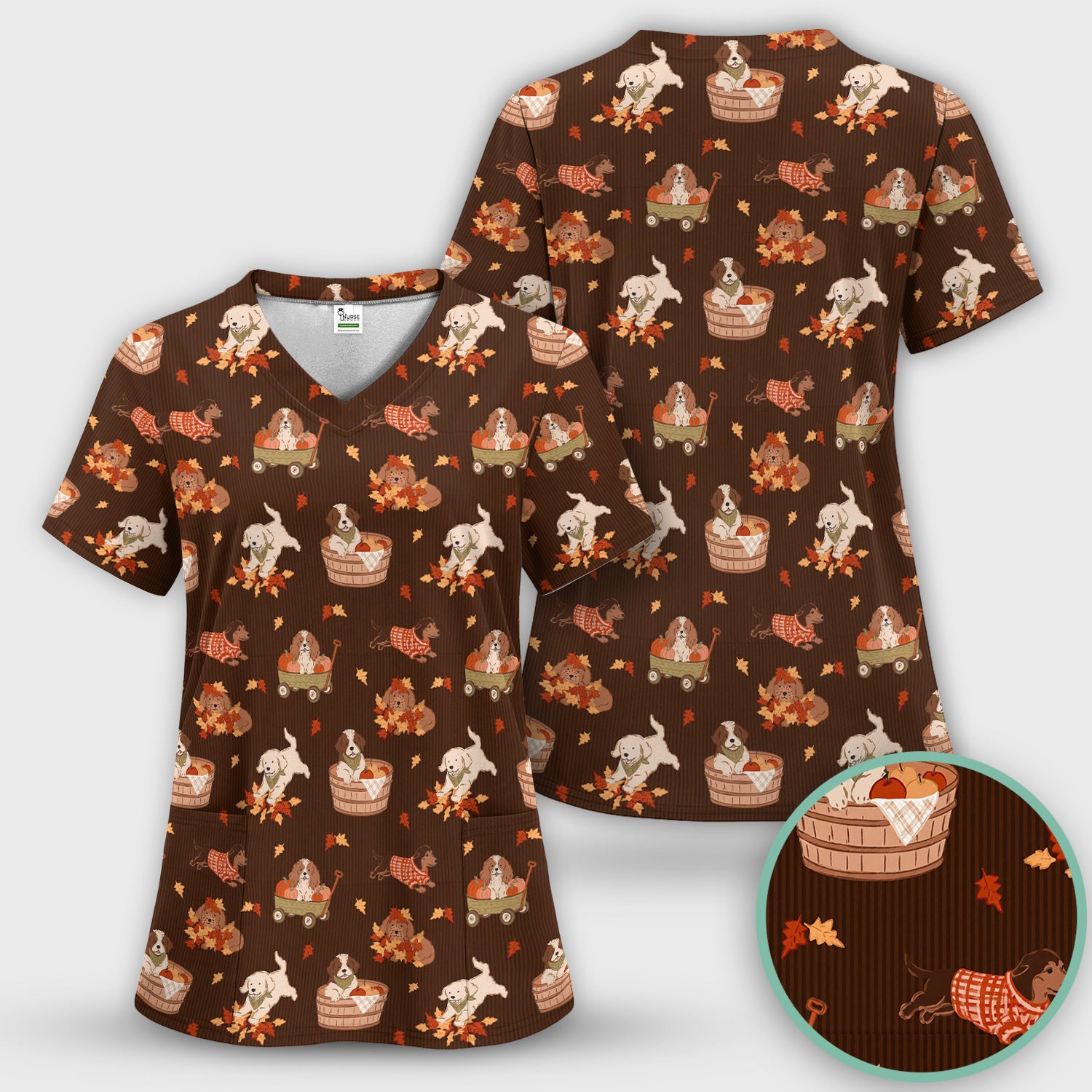 Cute Autumn Dogs And Falling Leaves Scrub Set, Scrub Pants and V Neck Top