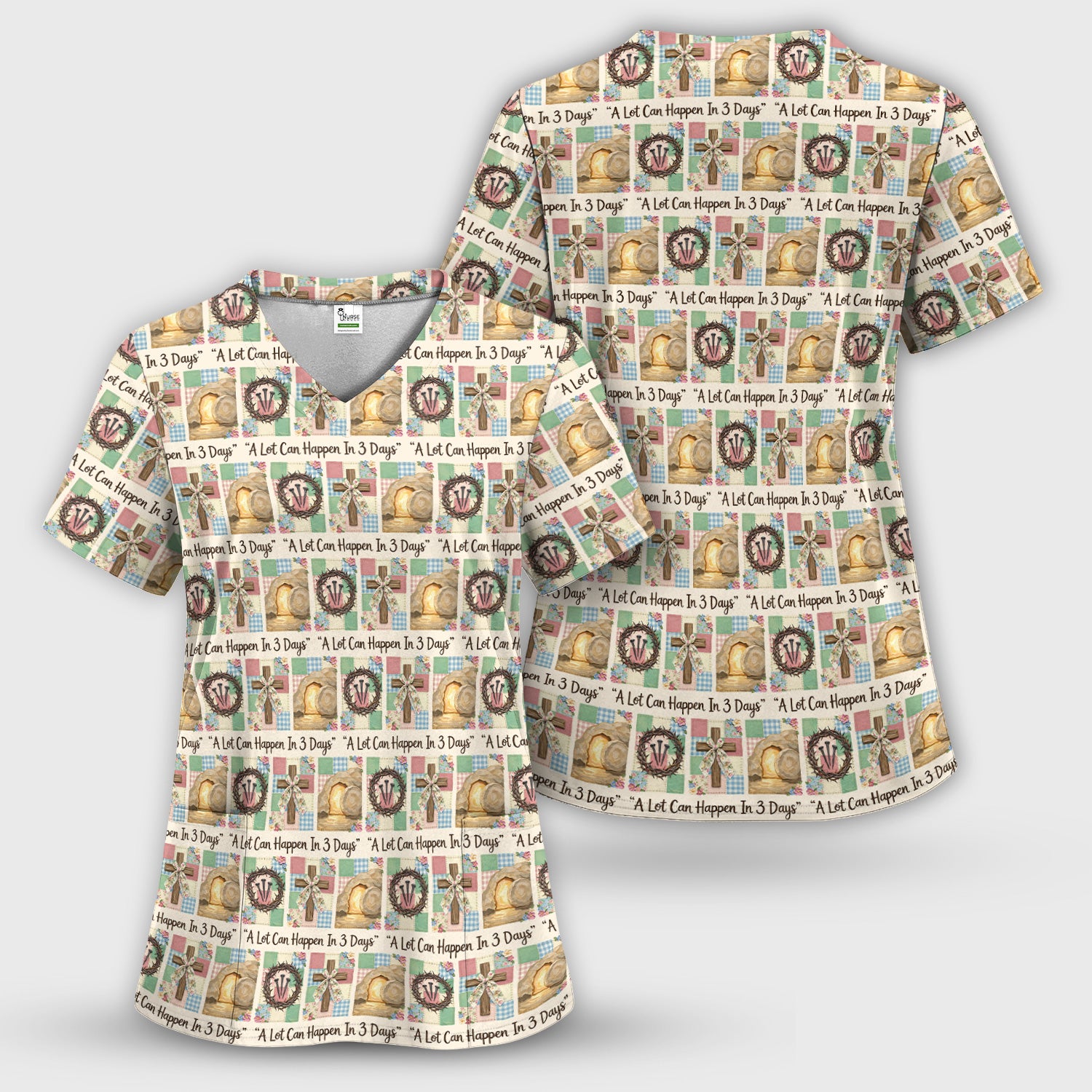Christian Easter Cross Print Scrub Top, Breathable Fabrics Nursing Uniform