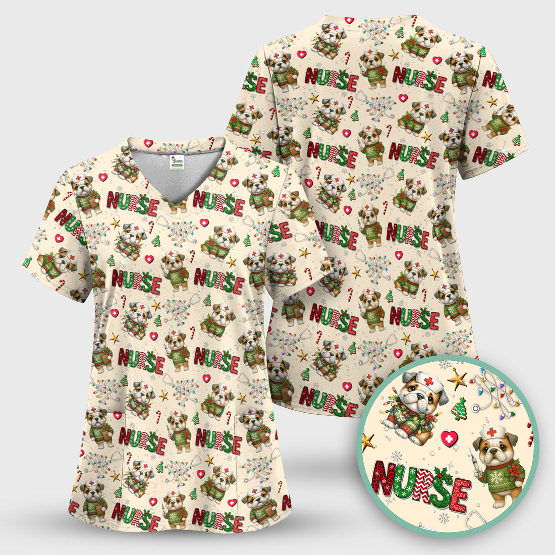Bulldog Christmas Nurse Scrub Top - Funny Dog Scrub Shirt - Cute Holiday Medical Uniform for Women RN LPN CNA Gift