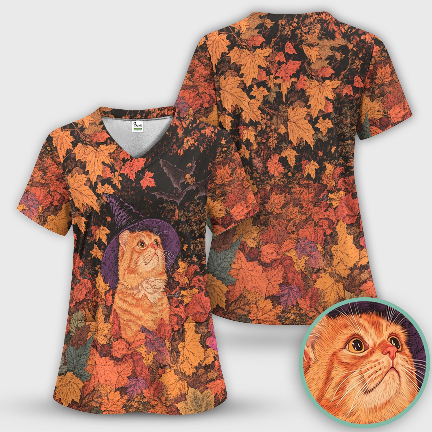 Autumn Cat with Fall Leaves Scrub Top, Comfortable Scrubs for Nurses