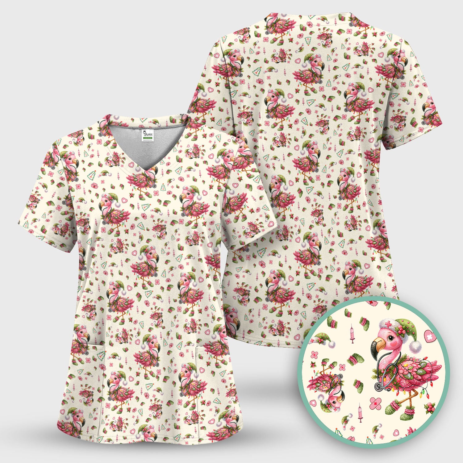 Flamingo Scrub Top for Nurse - Funny Christmas Medical Shirt - Holiday Christmas Gift for Healthcare Workers