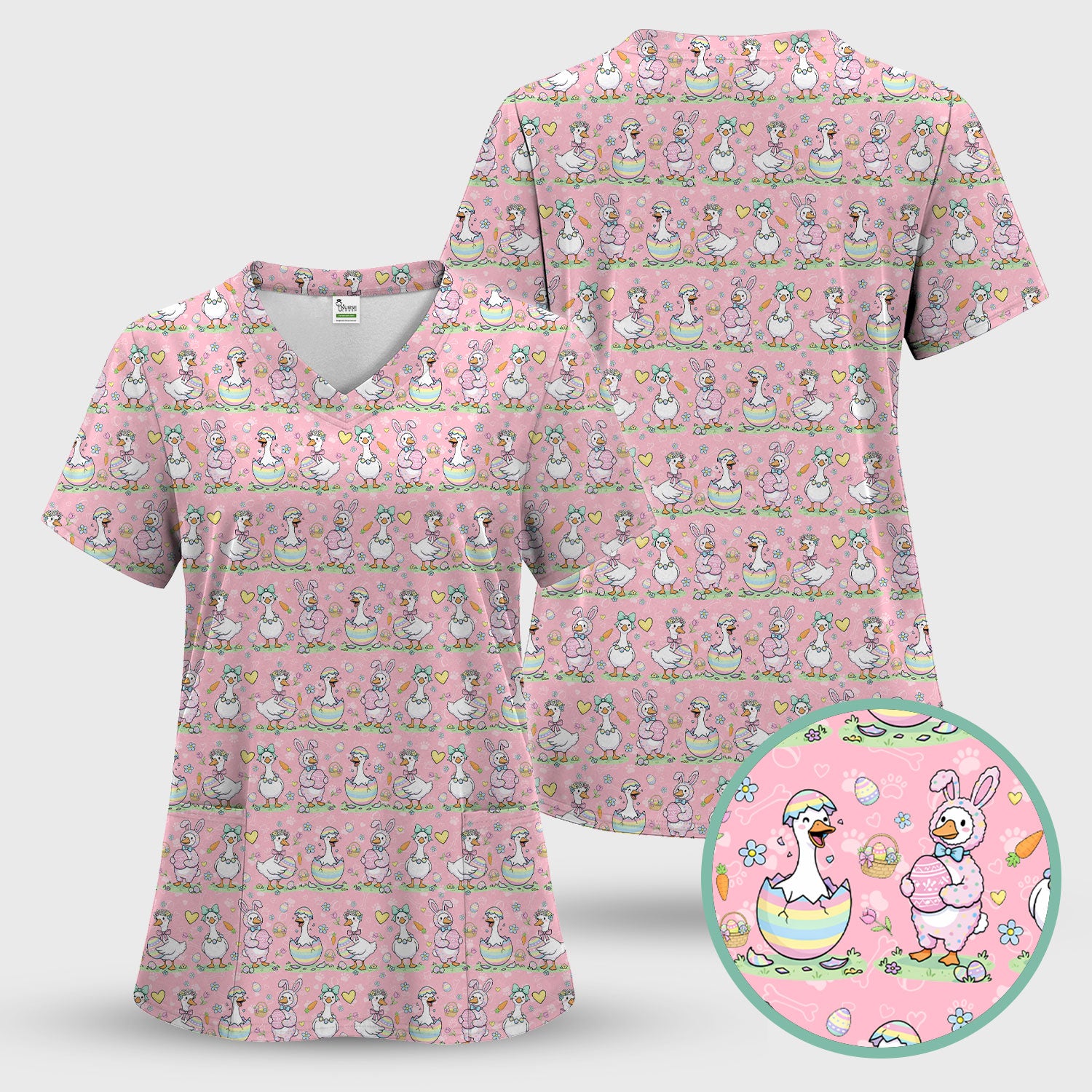 Pastel Easter Goose Bunny Egg Pattern Scrub Top, Comfortable Scrubs for Nurses