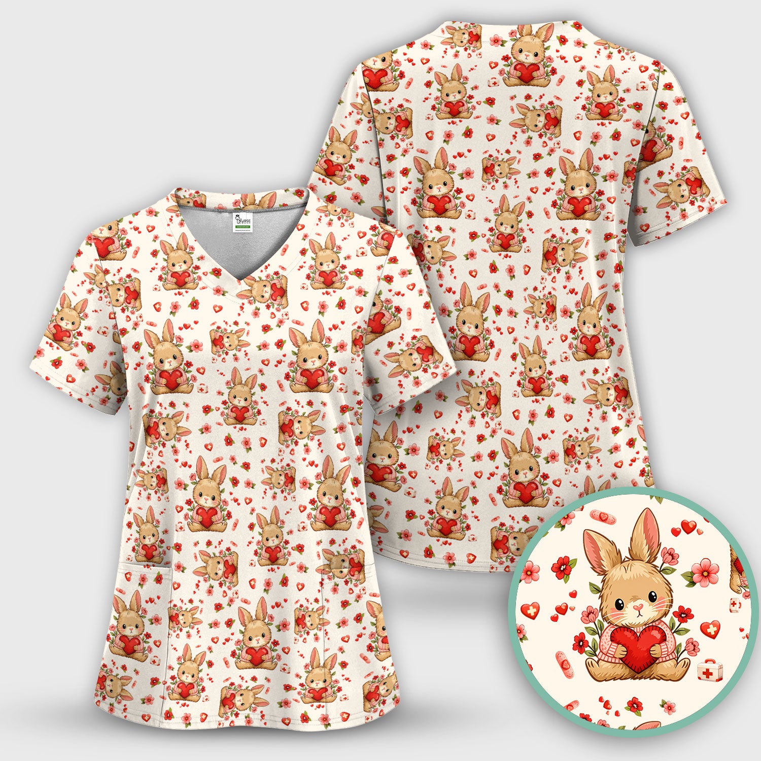 Adorable Bunny Heart Healthcare Design Scrub Top, Comfortable Scrubs for Nurses, Easter