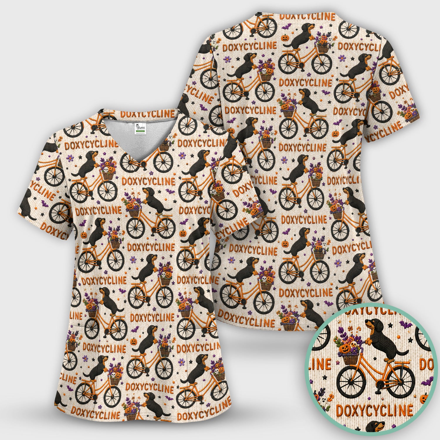Halloween Dachshund with Doxycycline Bike Print Scrub Top, Comfortable Scrubs for Nurses