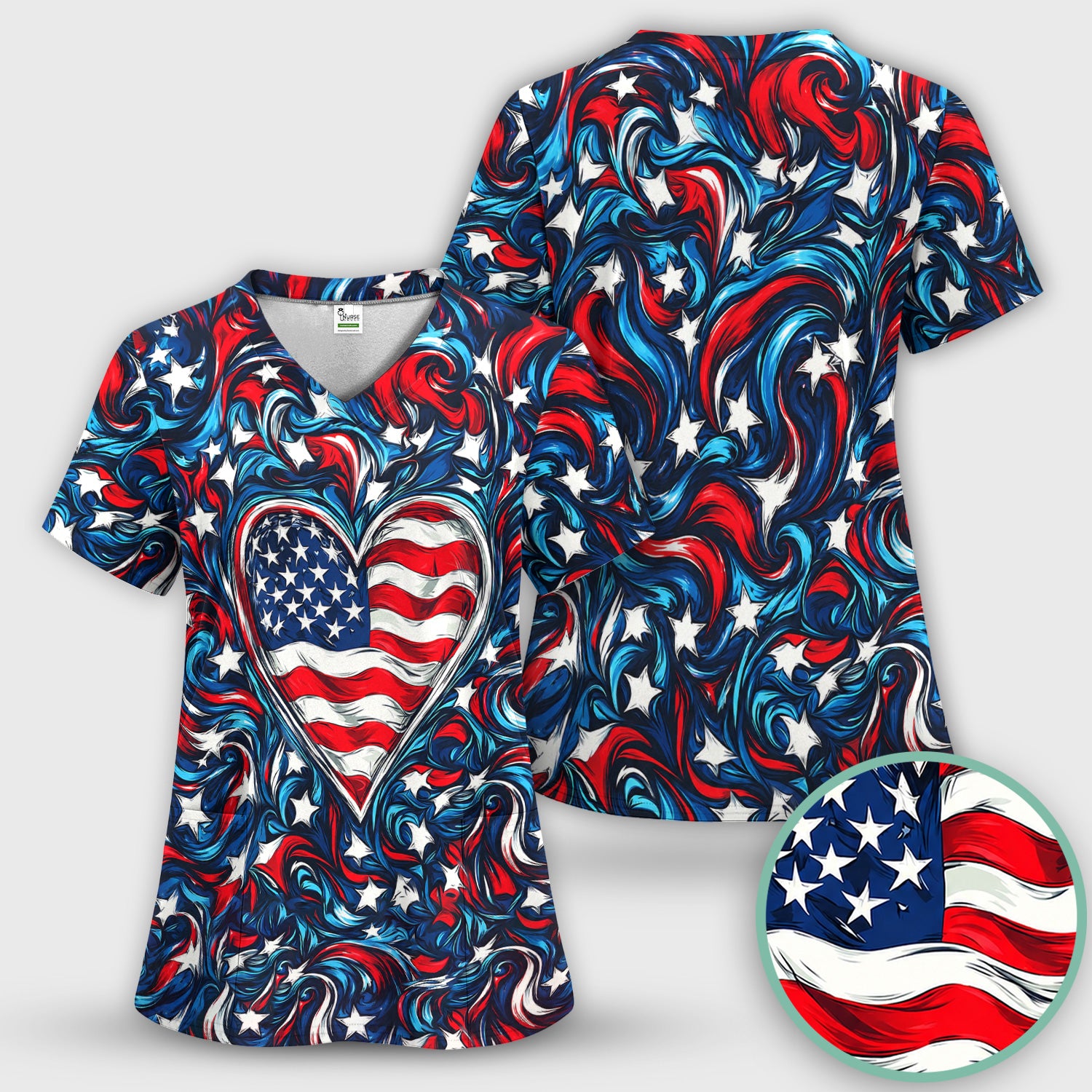 American Flag Heart Pattern Scrub Top, Comfortable Scrubs for Nurses