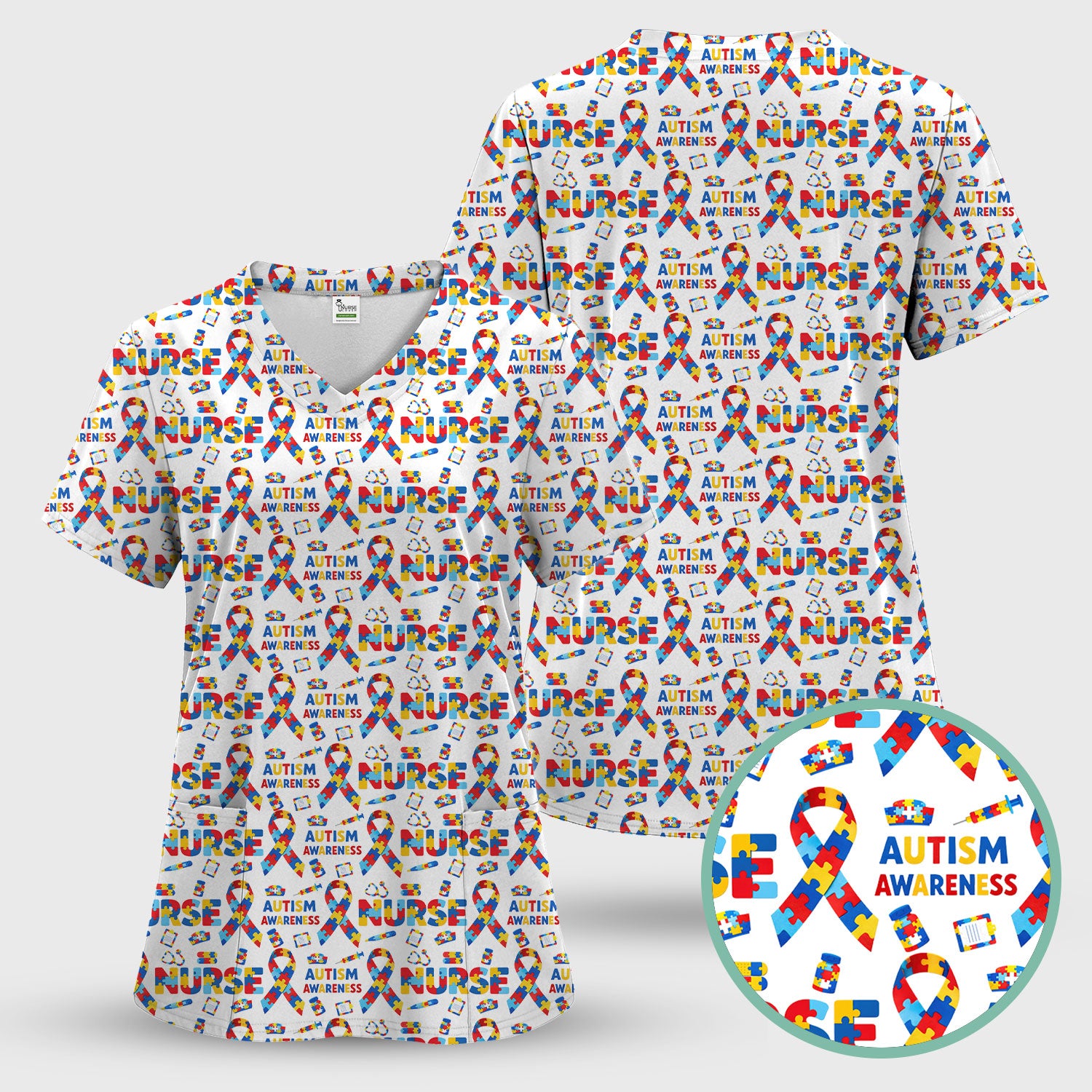 Autism Awareness Nurse Puzzle Ribbon Print Scrubs, Comfortable Scrubs for Nurses