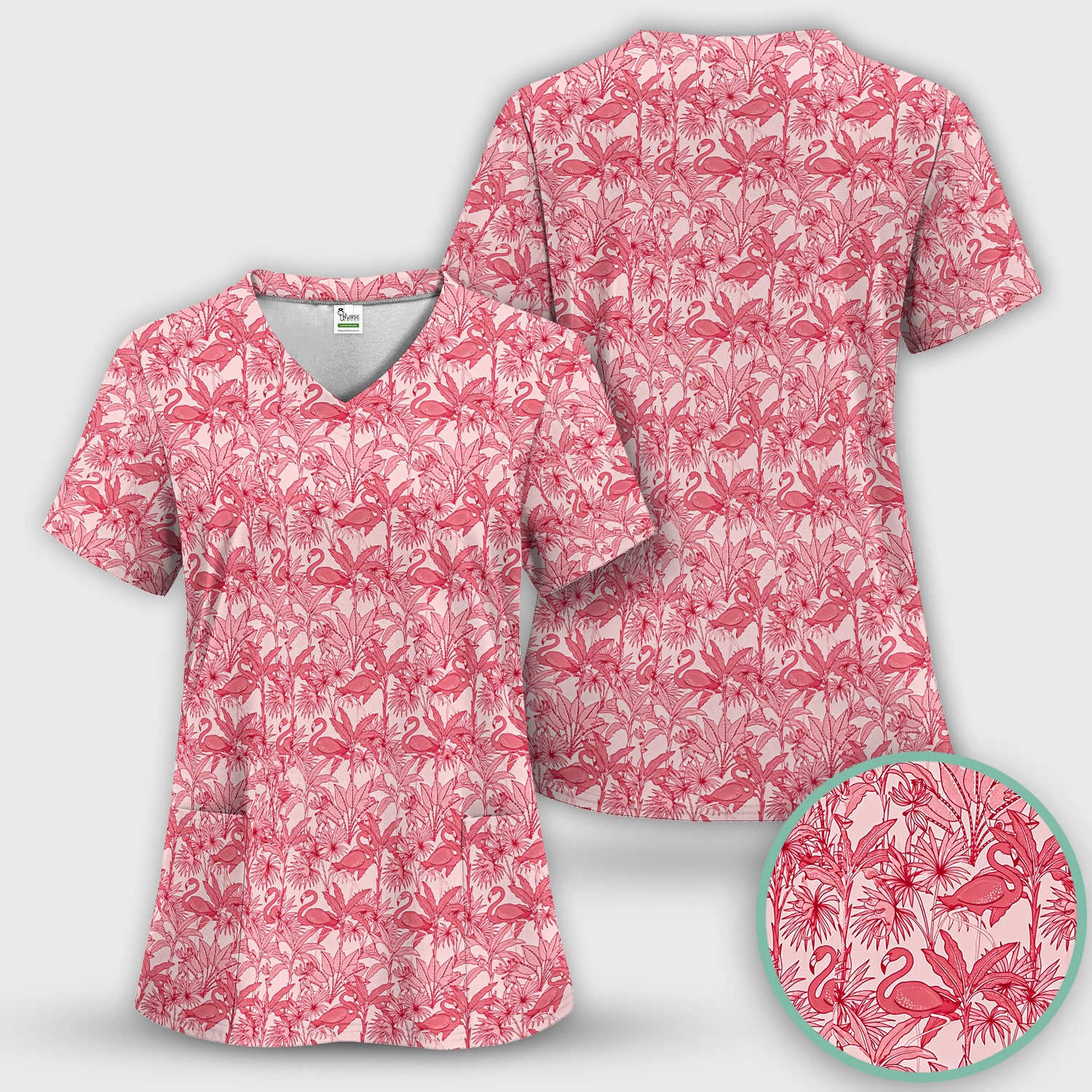 Tropical Flamingo Palm Leaves Pattern Scrub Top, Breathable Fabrics Nursing Uniform