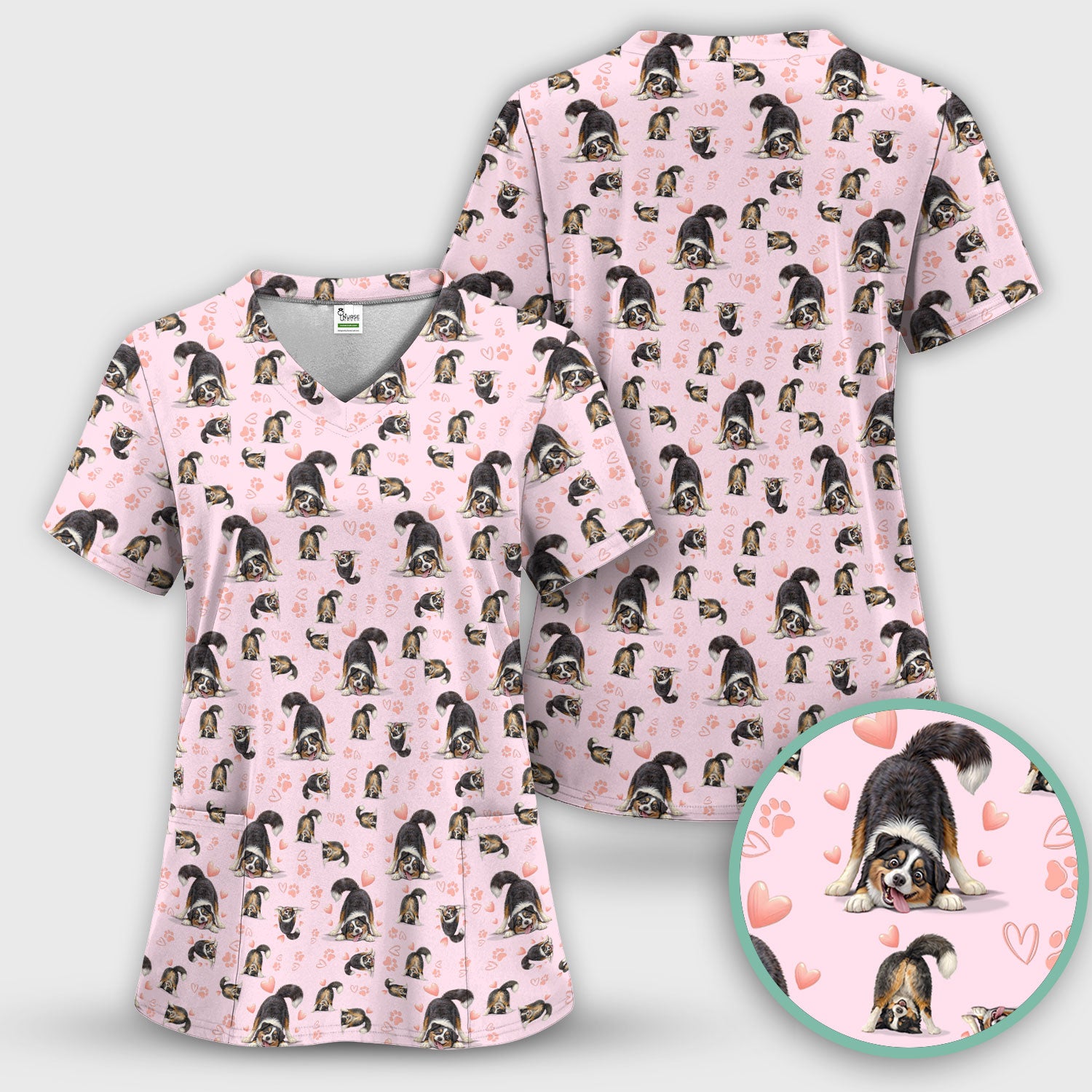 Playful Dog Heart Medical Print Scrub Set, Breathable Med Uniform