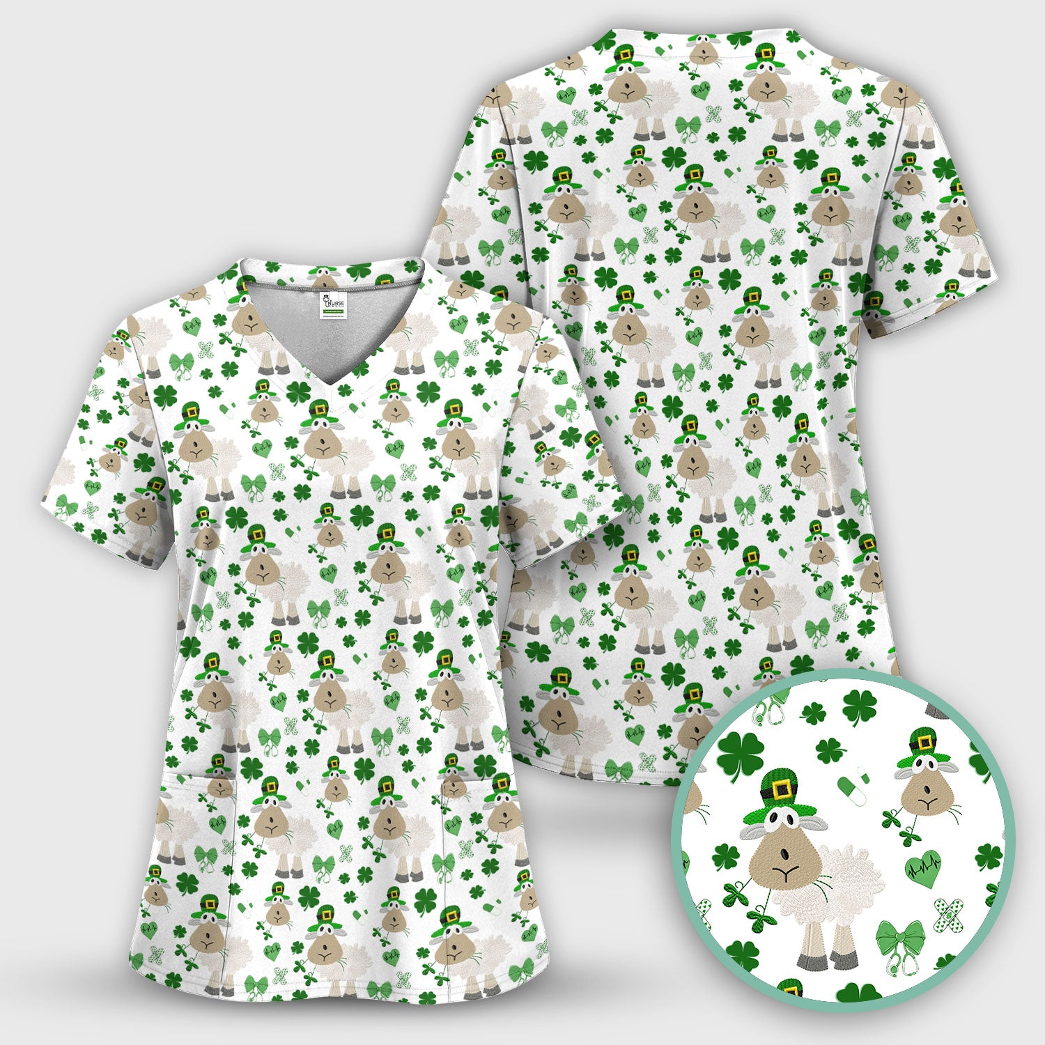 Nurse St. Patrick Scrubs Top, Cute Sheep Shamrock Pattern Nurse Shirt, Breathable Fabrics Nursing Uniform