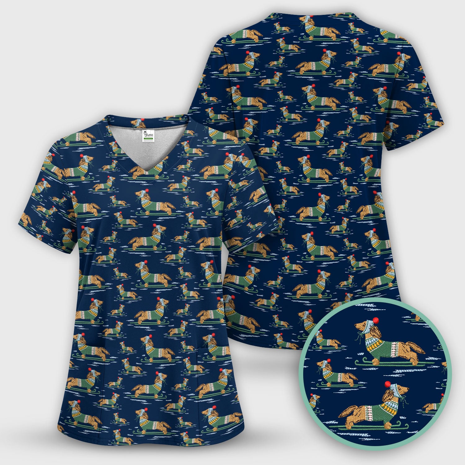 Dachshund Nurse Scrub Top, Wiener Dog Winter Pattern Shirt, Breathable Fabrics Nursing Uniform