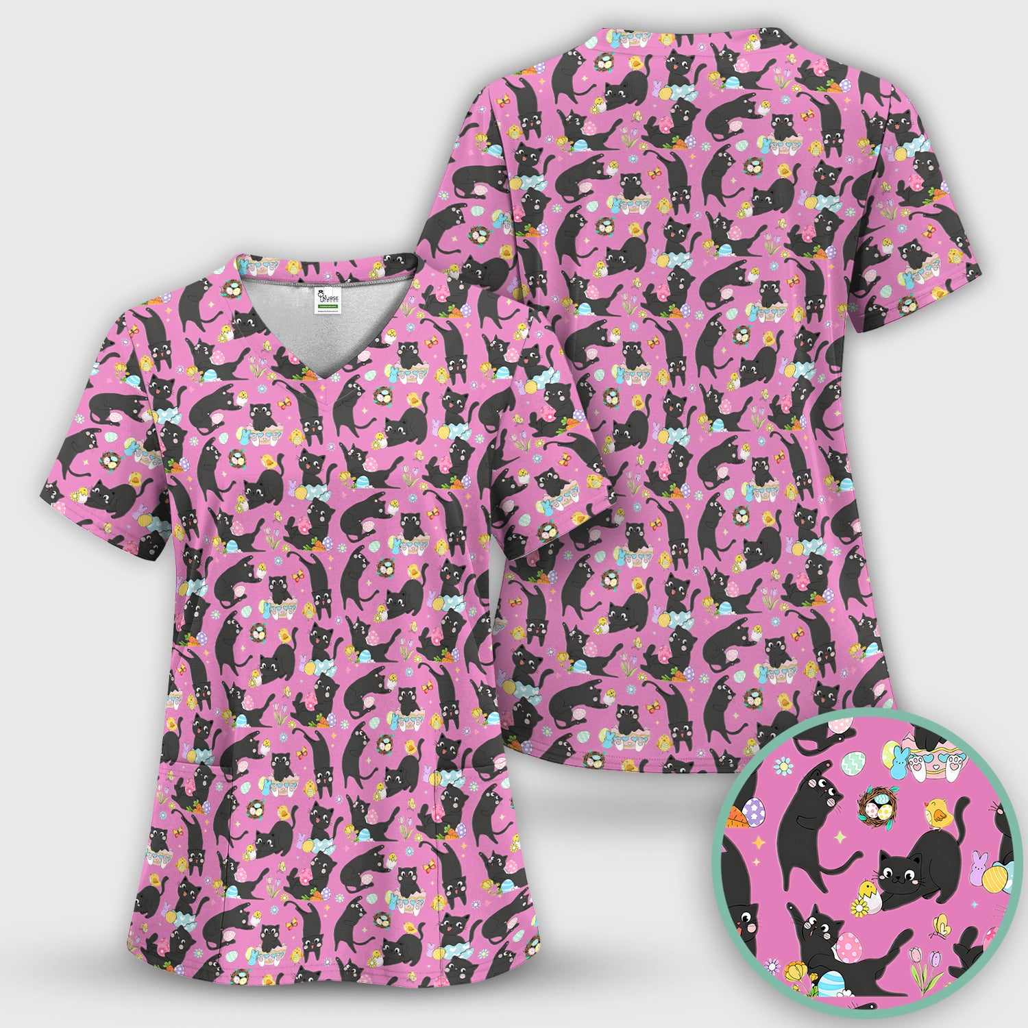 Playful Black Cat Easter Egg Pattern Scrub Top, Comfortable Scrubs for Nurses