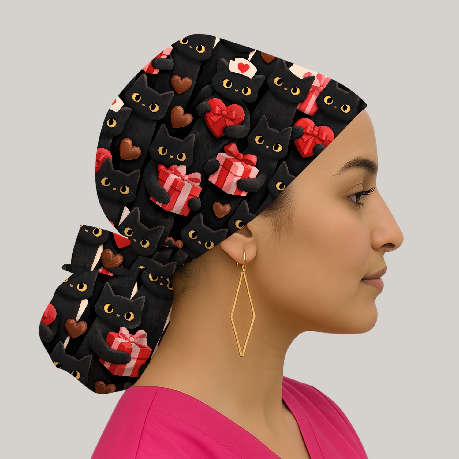 Black Cat Valentine Nurse Scrub Cap, Heart Pattern Medical Hat, Breathable Fabrics Nursing Uniform