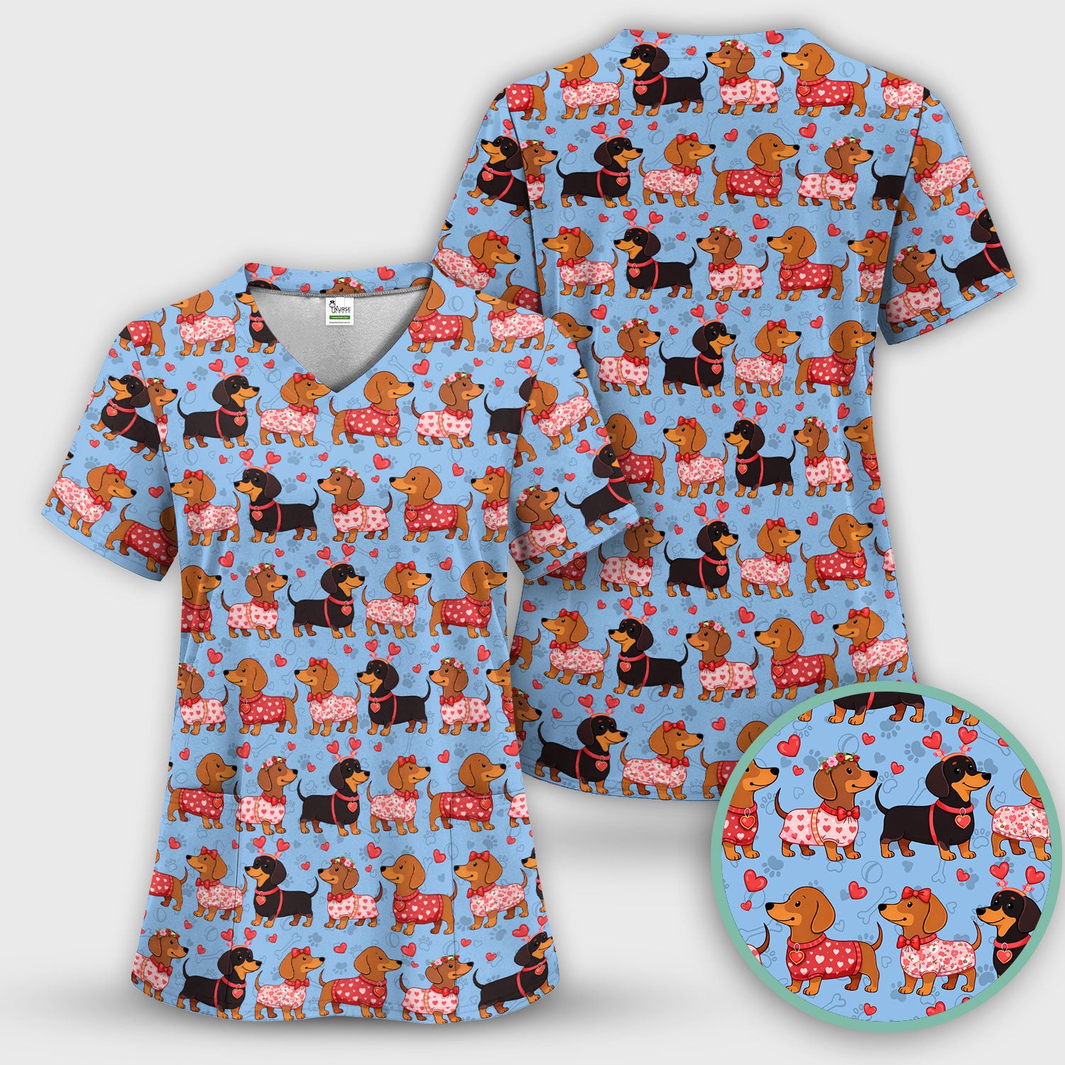 Valentine Dachshund Scrub Top, Wiener Dog Love Pattern Nurse Shirt, Breathable Fabrics Nursing Uniform