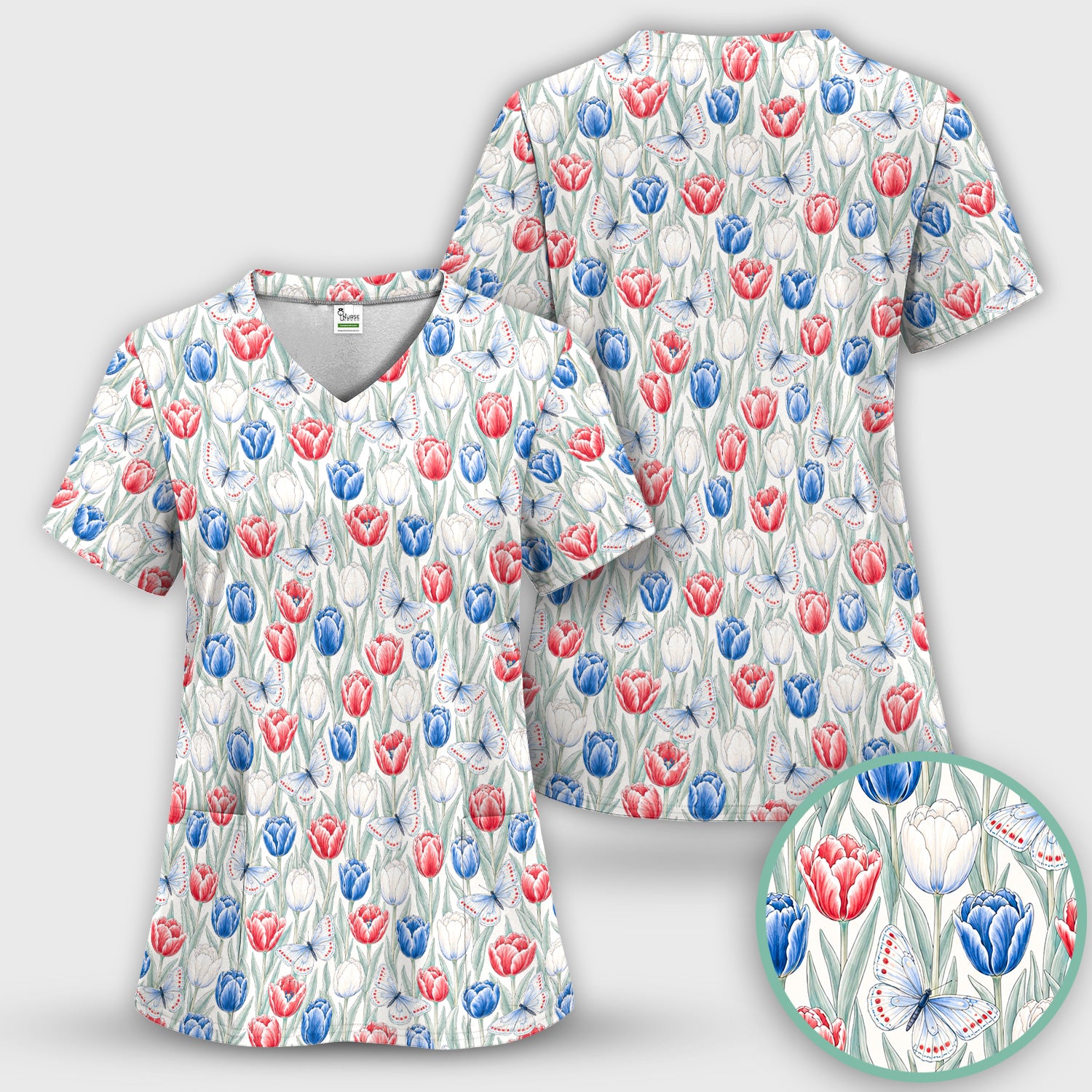 Patriotic Tulip Butterfly Nurse for RN, CNA, Healthcare Workers Scrub Set, Scrub Pants and V Neck Top
