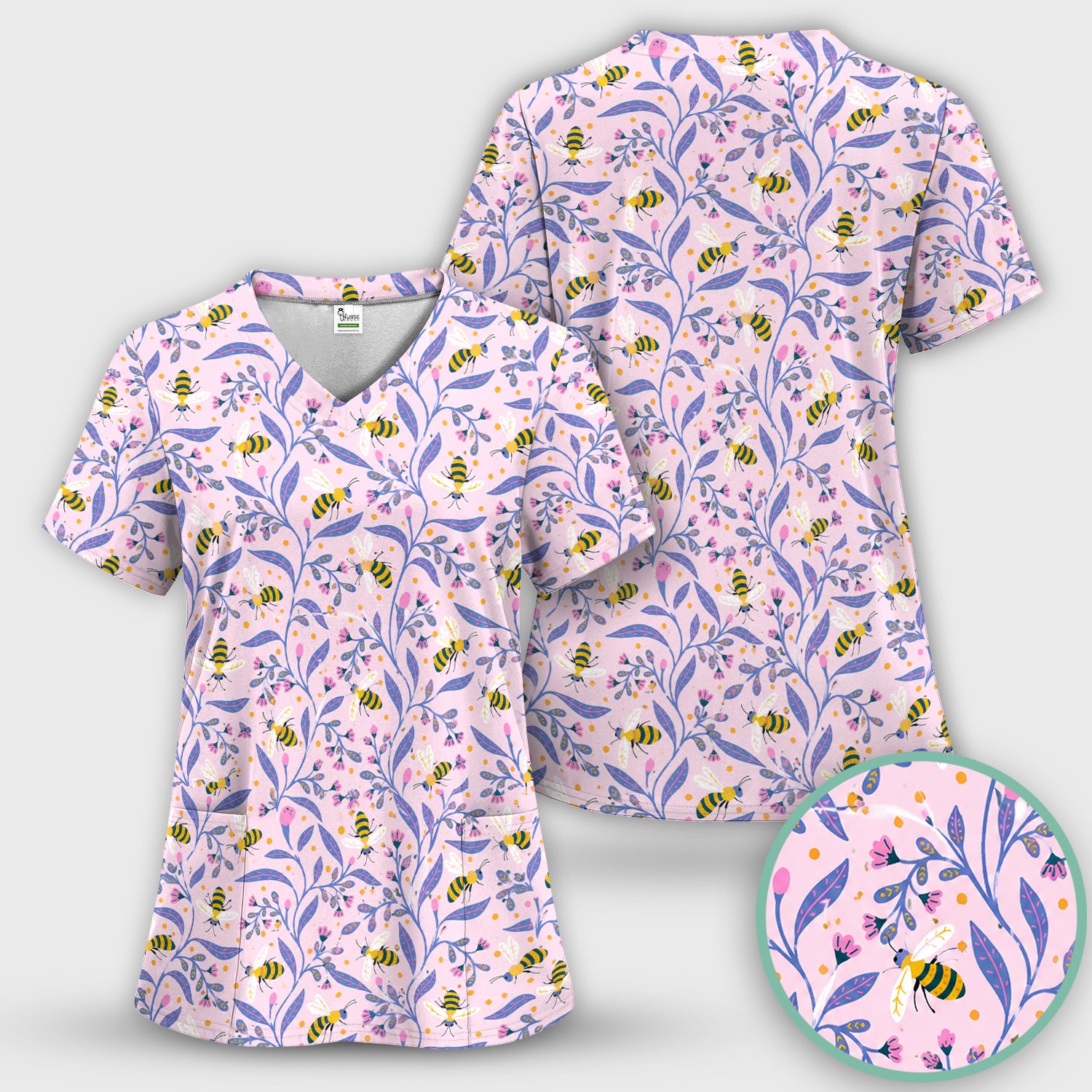 Cute Bumble Bee Floral Pattern Scrub Top, Comfortable Scrubs for Nurses