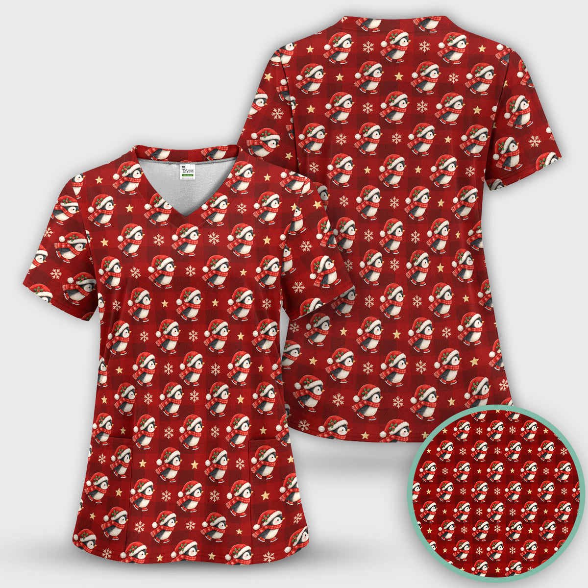 Cute Christmas Ice Skating Penguin Scrub Top, Comfortable Scrubs for Nurses
