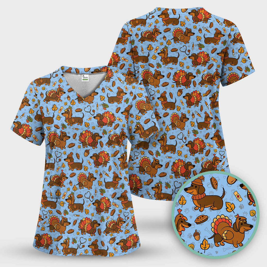 Thanksgiving Wiener Dog Scrub Top - Funny Dachshund TurkeChicken Nurse Shirt for Women - Cute Holiday Medical Uniform