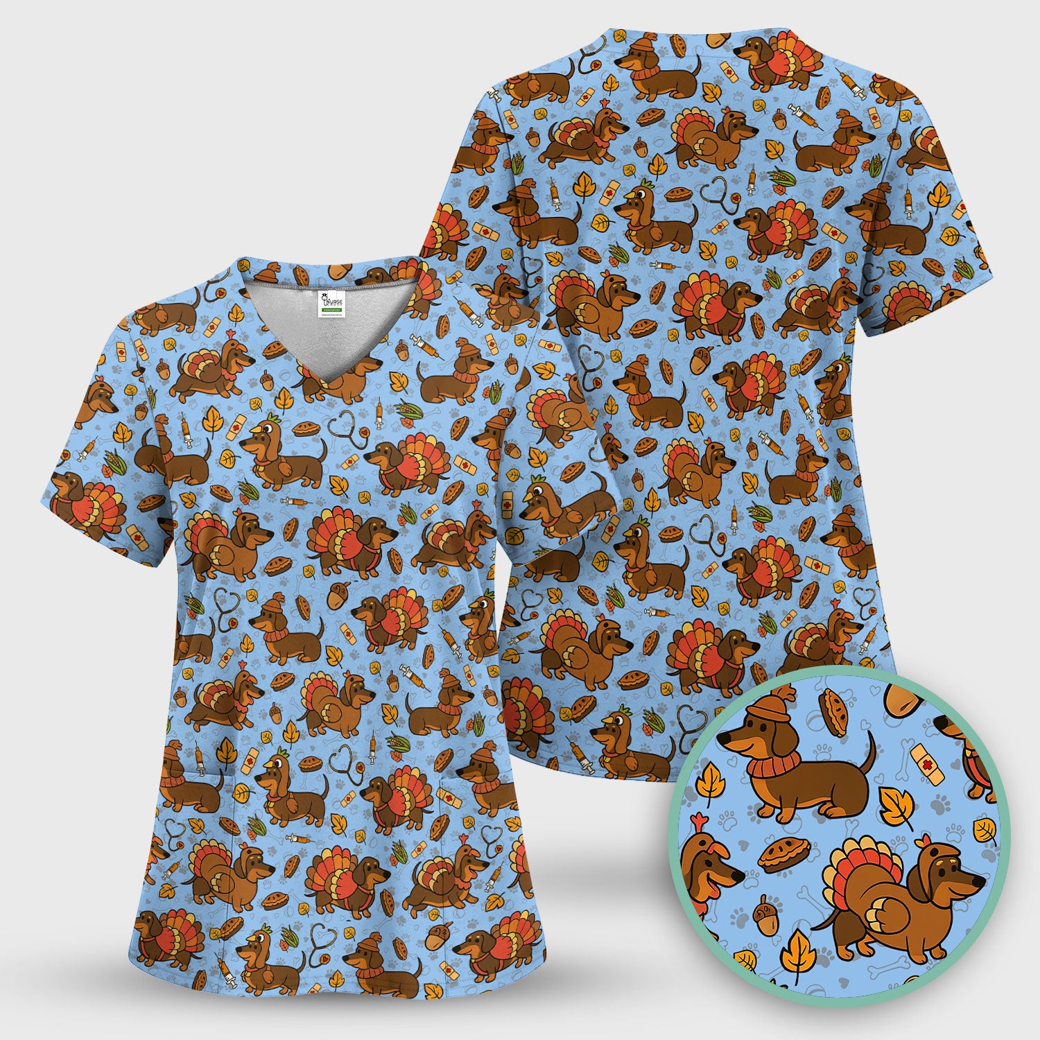 Thanksgiving Wiener Dog Scrub Top - Funny Dachshund TurkeChicken Nurse Shirt for Women - Cute Holiday Medical Uniform