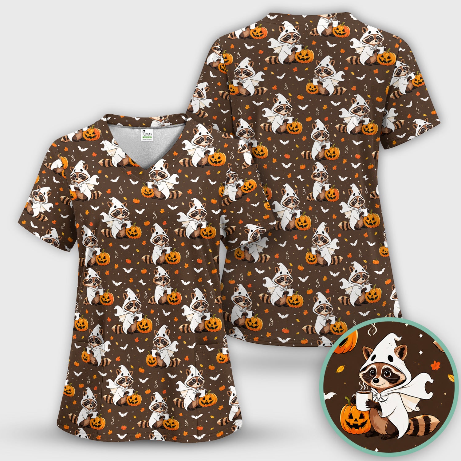 Halloween Ghost Raccoon Pumpkin Scrub Set, Scrub Pants and V Neck Top