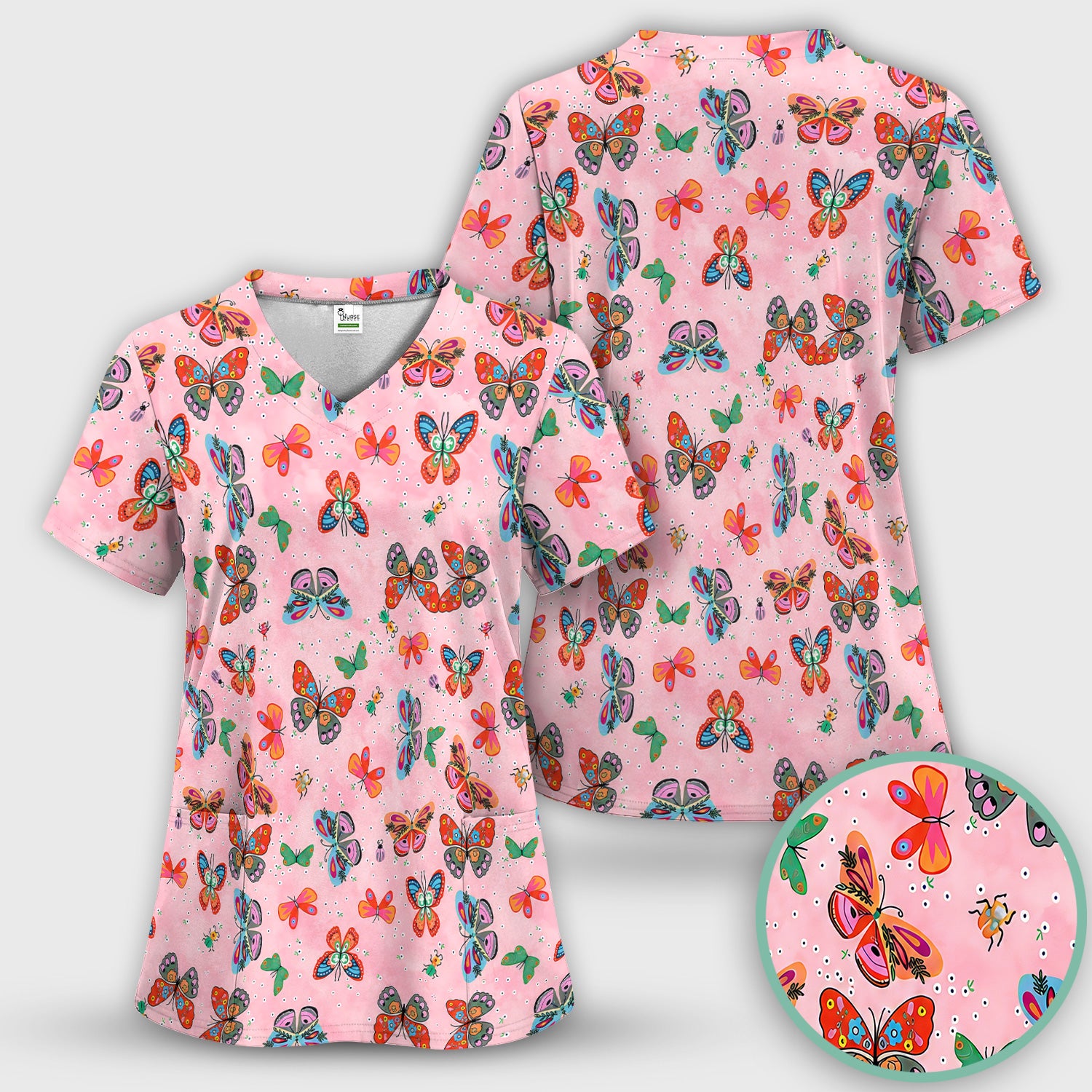 Colorful Butterfly Garden Pattern Scrub Top, Breathable Fabrics Nursing Uniform