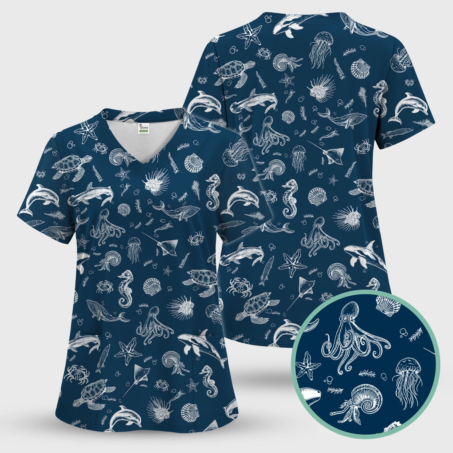 Marine Sea Life Pattern Scrub Top, Breathable Fabrics Nursing Uniform
