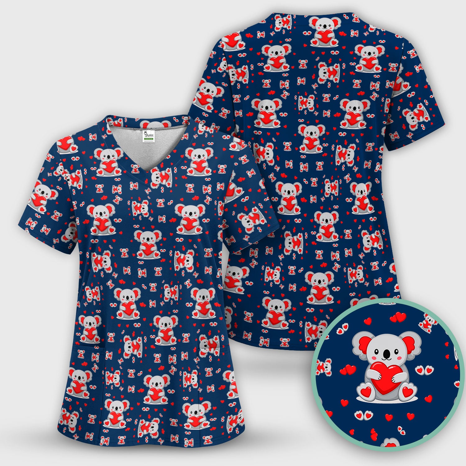Valentine Cute Koala Heart Pattern Medical Outfit, Women's Scrub Sets