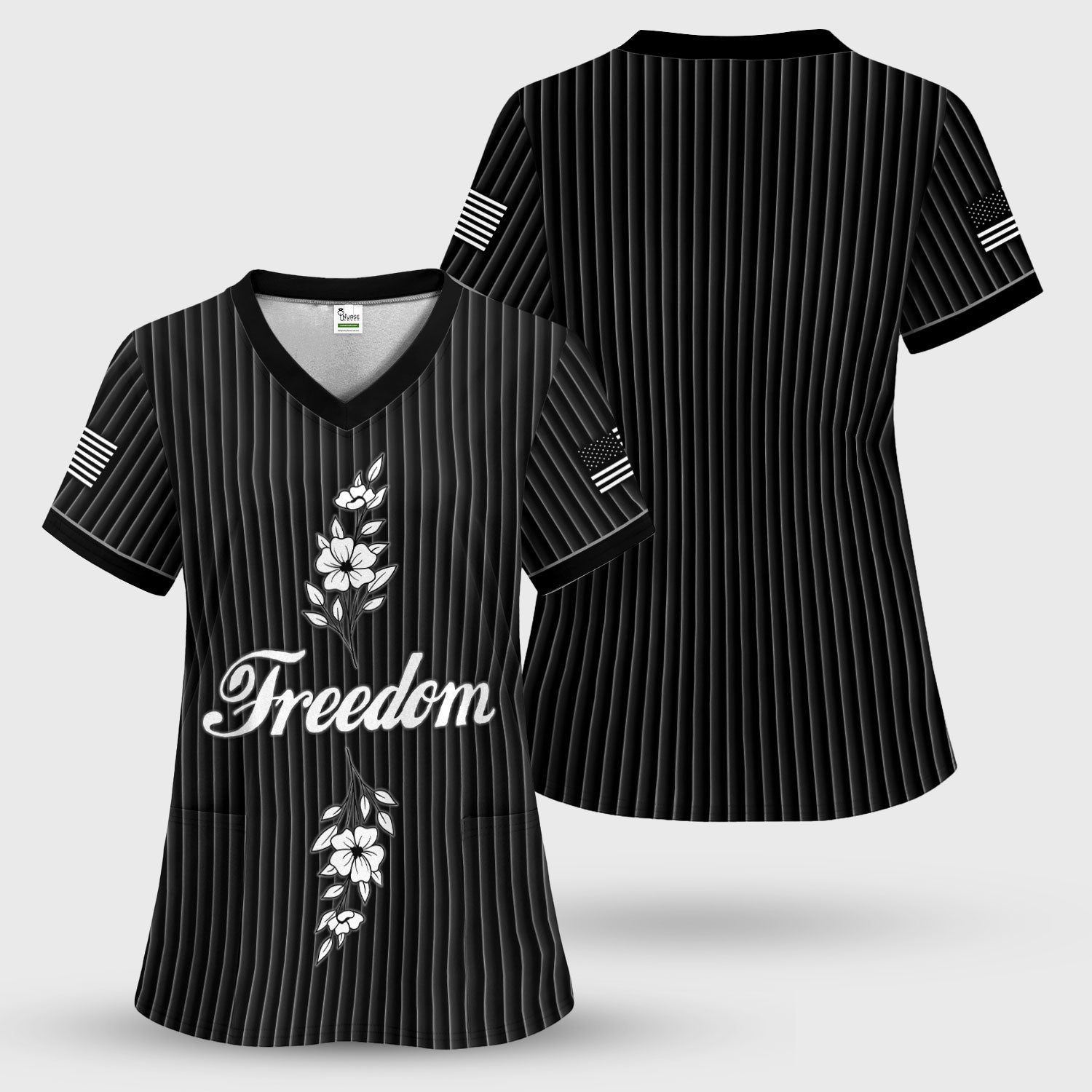 Freedom Shirt Women Scrub Top - Minimalist Floral Medical Uniform - Elegant White Stripe Nursing Gift for RN LPN CNA