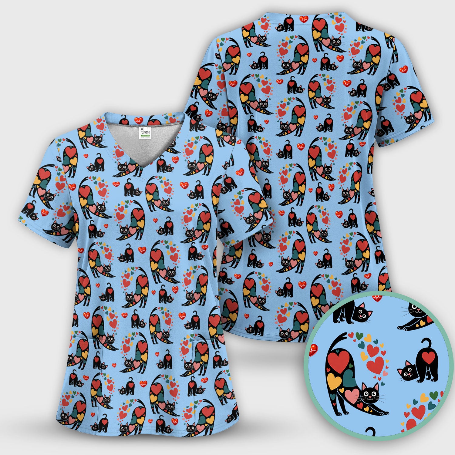 Playful Cat Valentine Heart Print Nurse Scrub Top, Comfortable Scrubs for Nurses