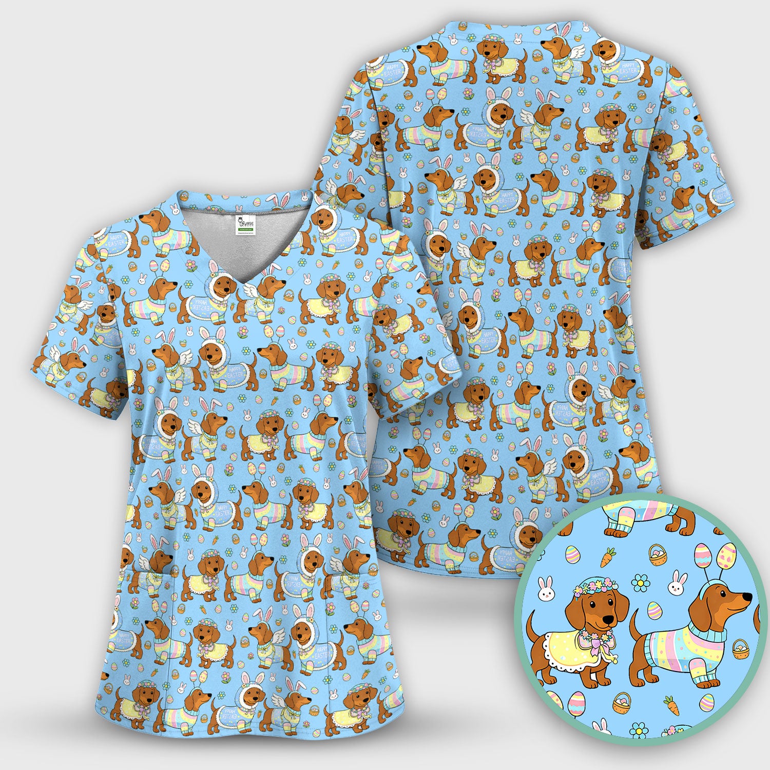 Easter Dachshund Bunny Print Scrub Top, Breathable Fabrics Nursing Uniform