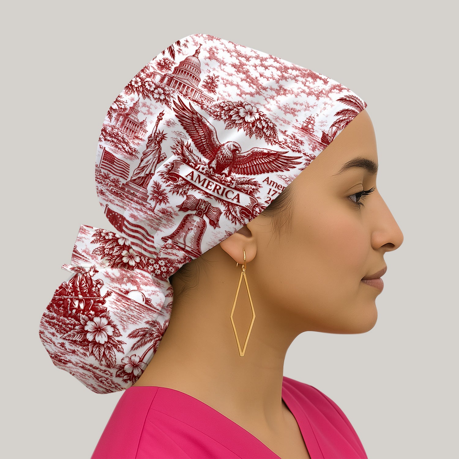 Patriotic America Heritage Toile Pattern Cap, Bouffant Scrub Caps for Women