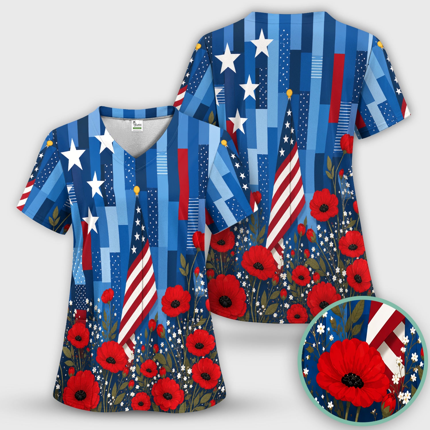 Patriotic Nurse Flag Poppy Pattern Scrub Set, Scrub Pants and V Neck Top