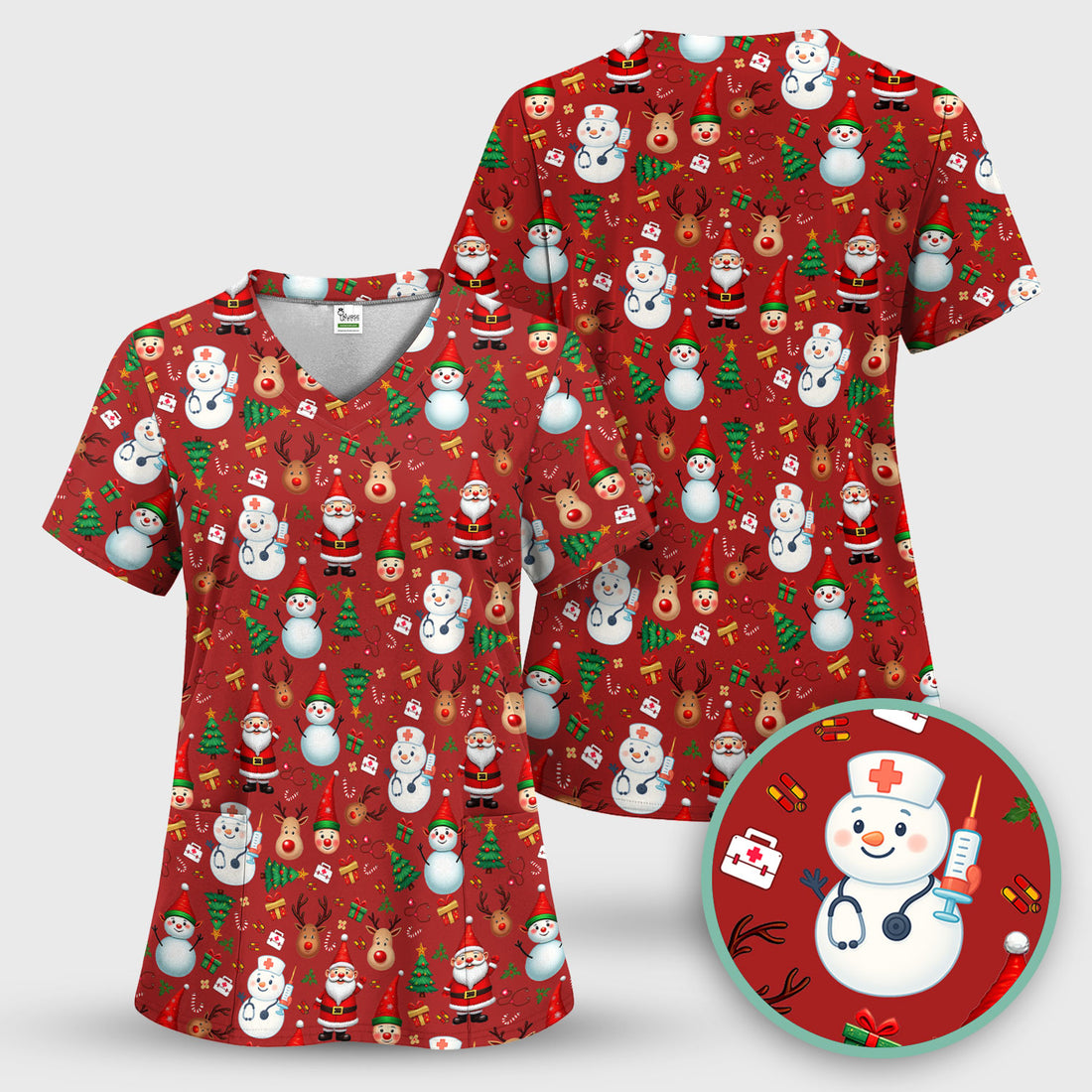 Christmas Scrub Top for Nurses - Cute Snowman Reindeer Santa Pattern - Holiday Medical Uniform RN CNA LPN Gift