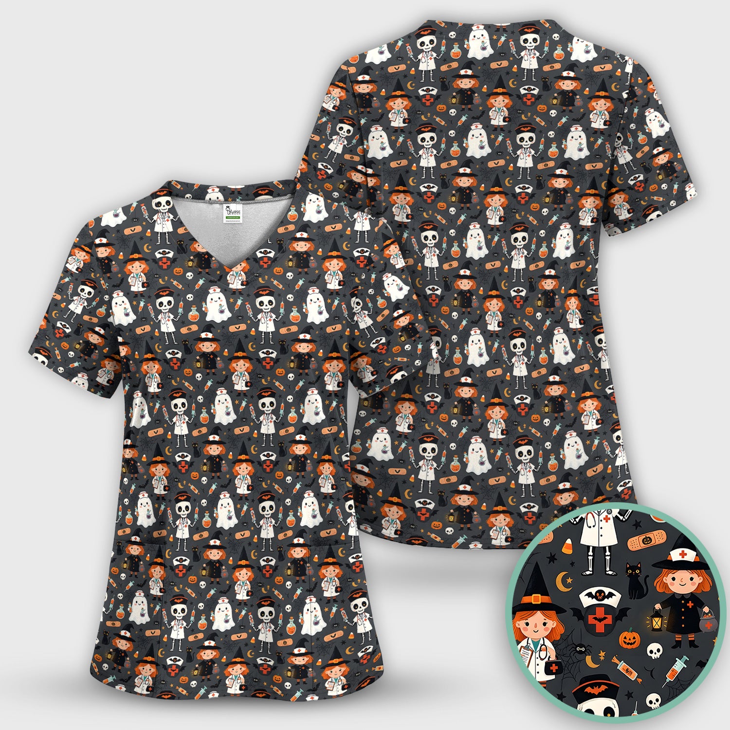 Halloween Witch And Skeleton Nurse Scrub Set, Scrub Pants and V Neck Top
