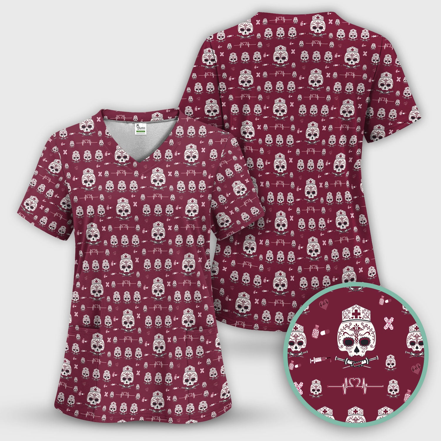 Sugar Skull Scrub Top, Skull Pattern Scrub Shirt, Breathable Fabrics Nursing Uniform