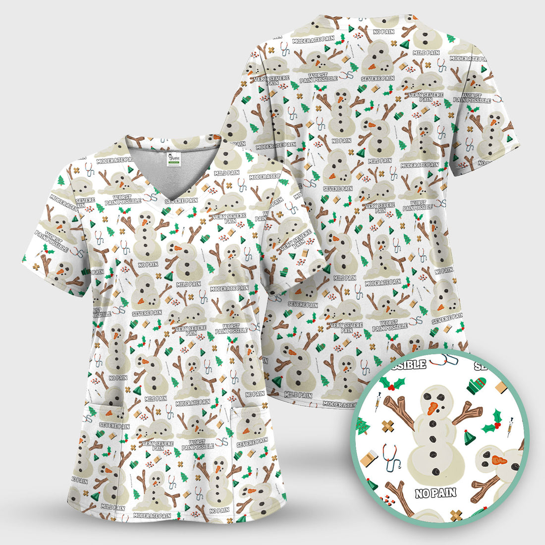 Christmas Snowman Nurse Scrub Top for Women - Funny Pain Scale Medical Shirt - Cute Holiday Nursing Uniform Gift for RN LPN CNA