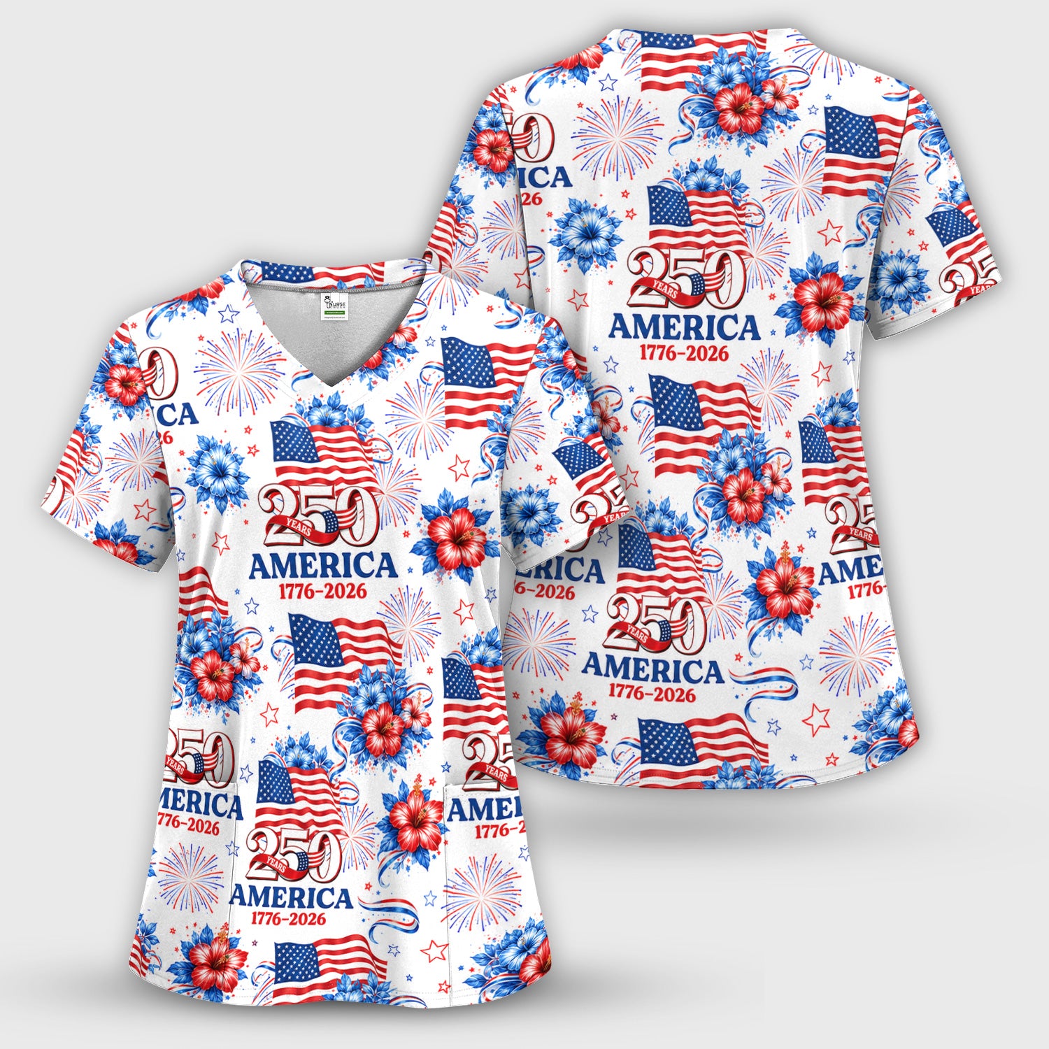 America 250 with Flag Firework Pattern Scrub Top, Comfortable Scrubs for Nurses