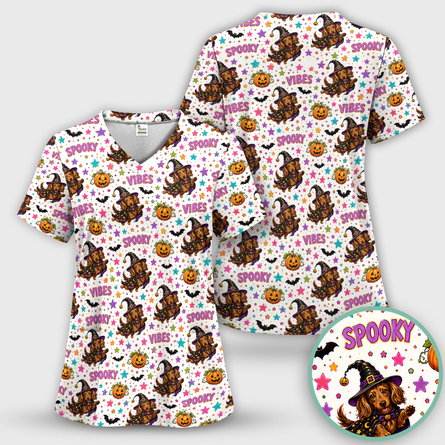 Spooky Dachshund Vibes Print Scrub Top, Comfortable Scrubs for Nurses