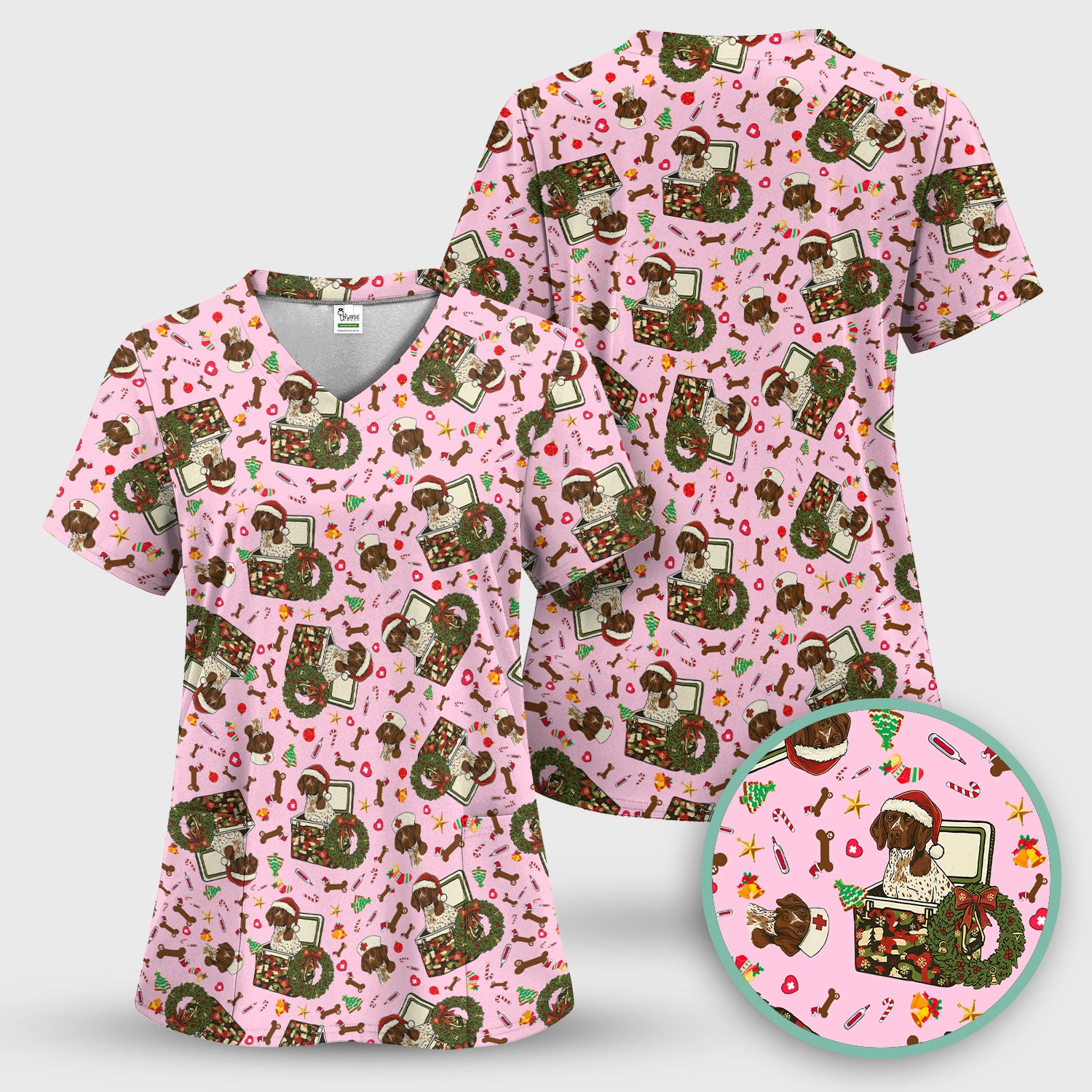 Christmas Dachshund Scrub Top - Cute Sausage Dog Nurse Shirt - Funny Holiday Medical Uniform for Women RN LPN CNA Gift