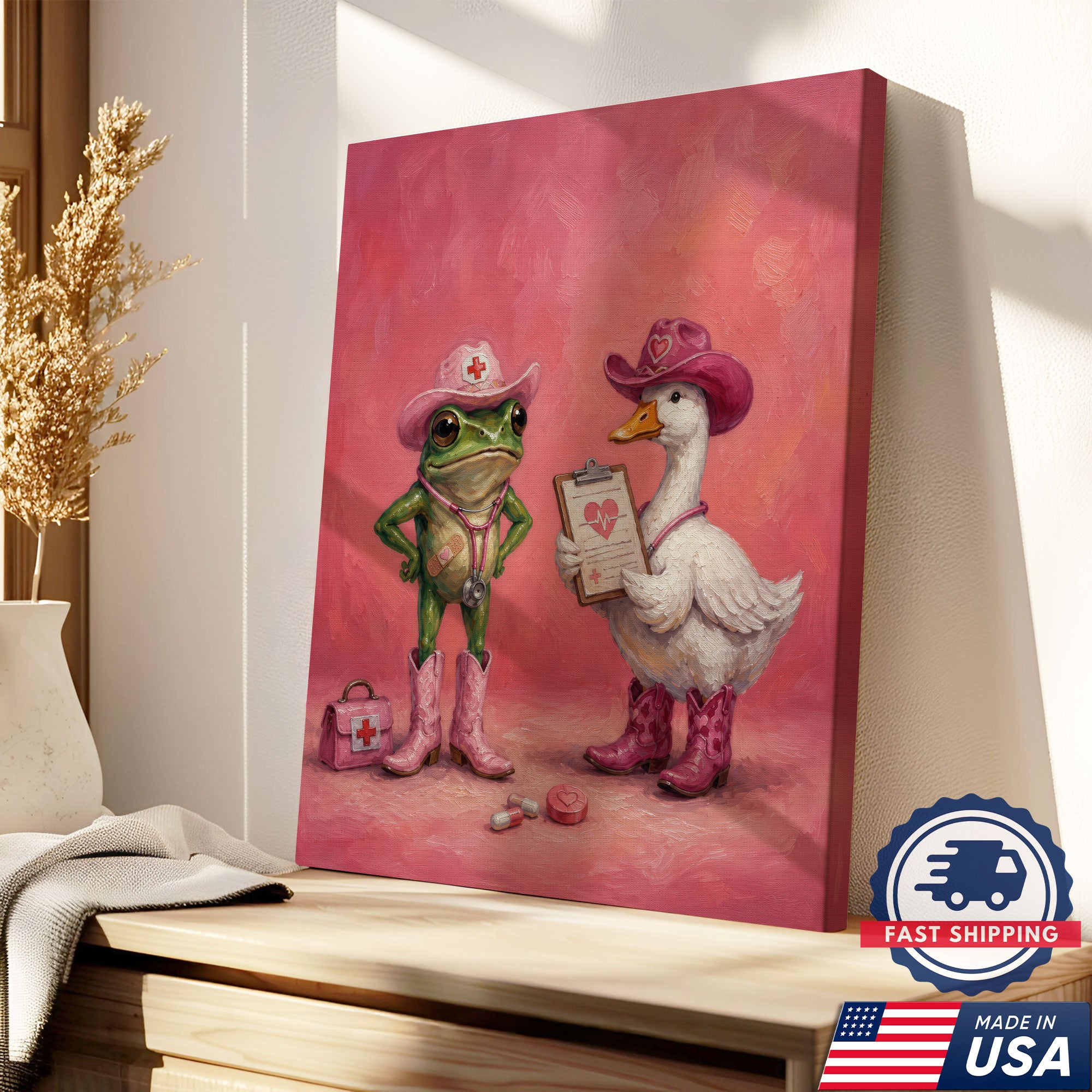 Cute Nurse Frog Duck Cowgirl Canvas Wall Art, Clinic Decor