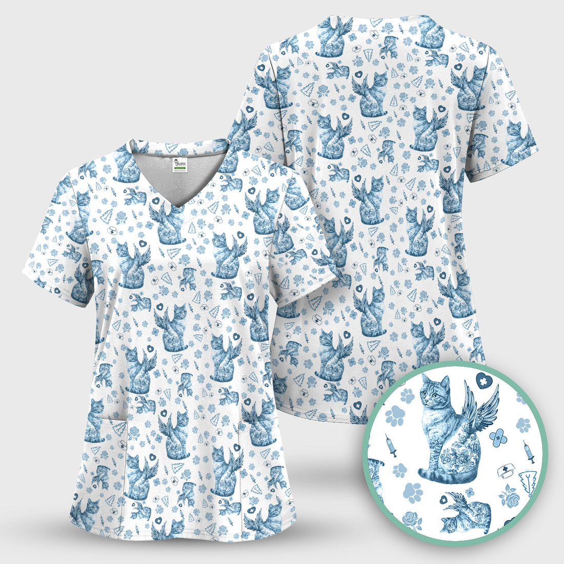 Toile de Jouy Cat Angel Scrub Top - Blue Vintage Nurse Shirt - French Style Medical Uniform for Women RN LPN CNA Gift