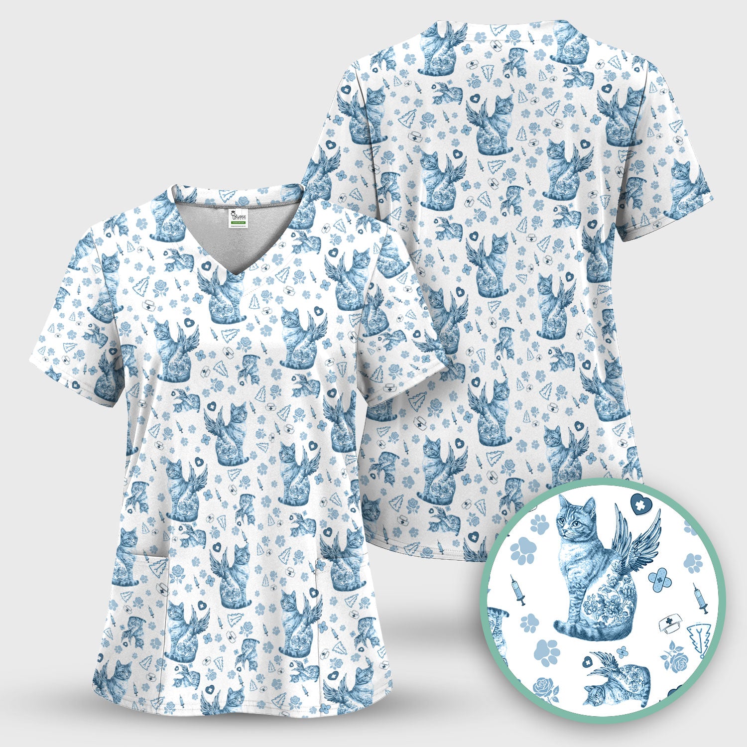 Toile de Jouy Cat Angel Scrub Top - Blue Vintage Nurse Shirt - French Style Medical Uniform for Women RN LPN CNA Gift