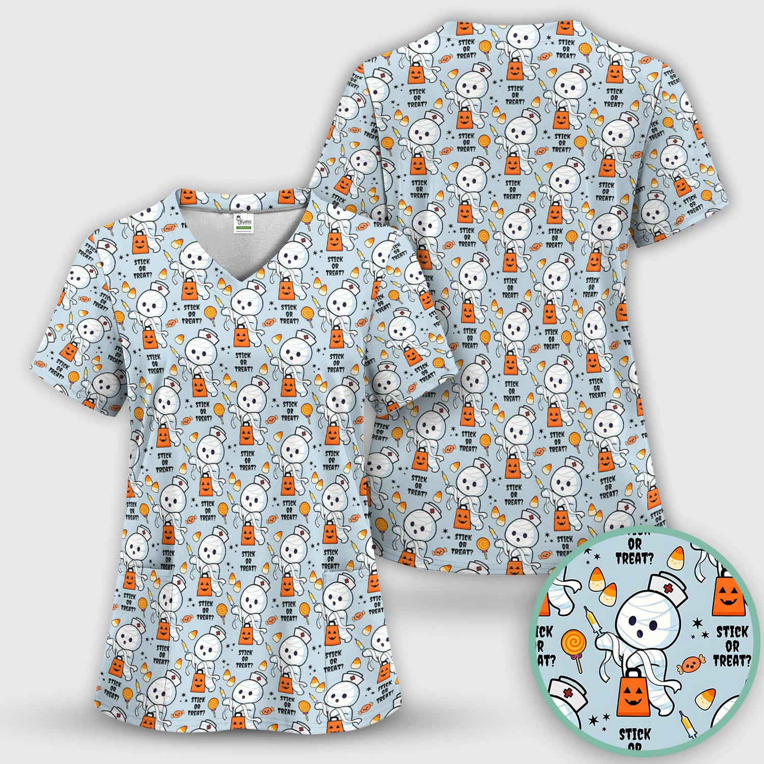 Funny Halloween Stick Or Treat Mummy Nurse Scrub Top, Comfortable Scrubs for Nurses