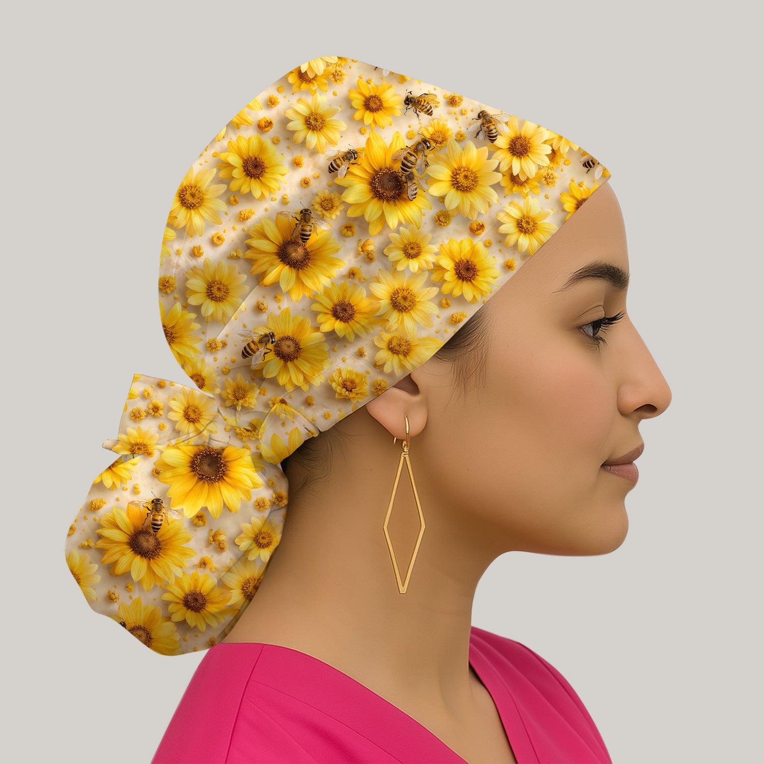 Yellow Sunflower Bee Garden Bloom Pattern Scrub Cap, Surgical Caps for Doctors